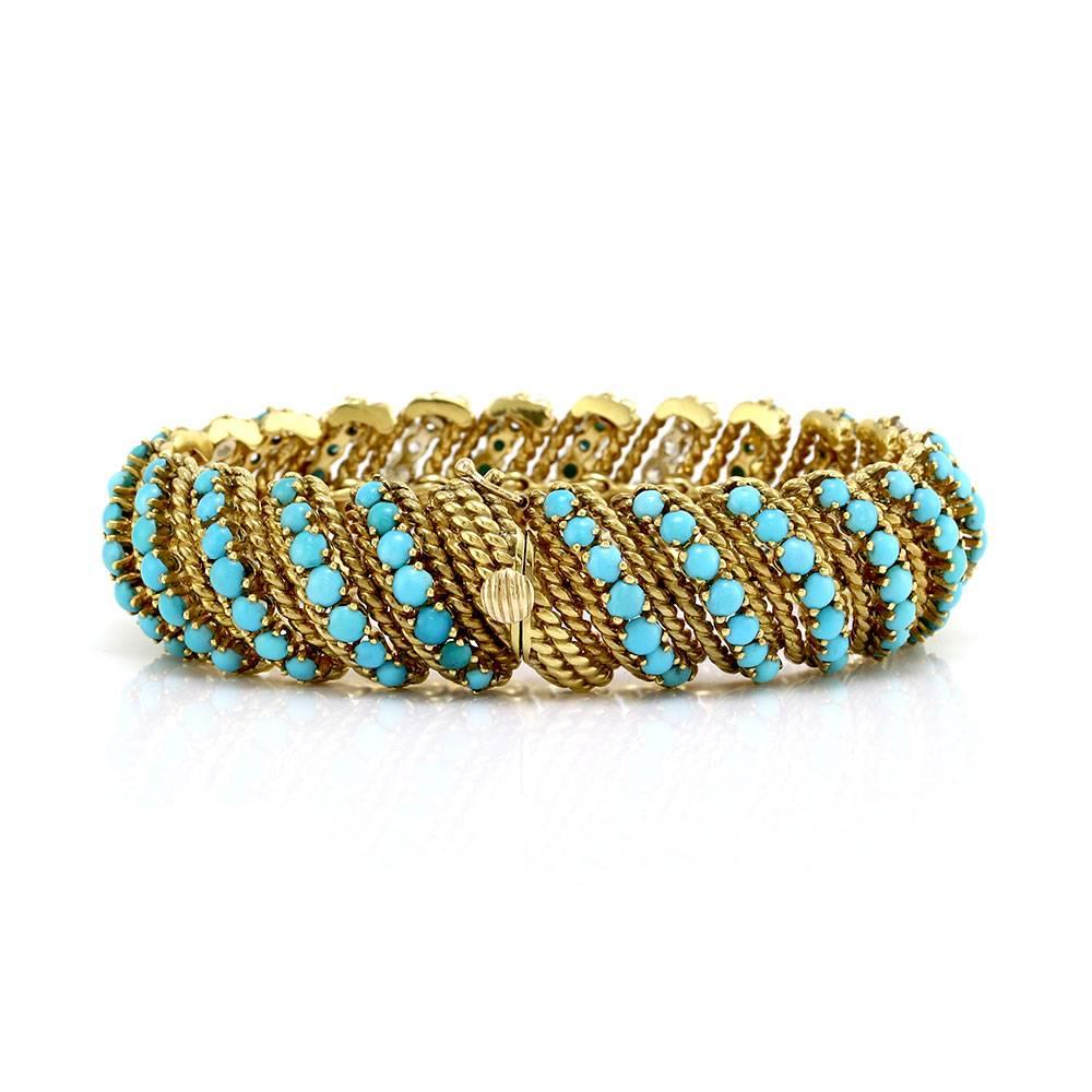 Turquoise Diamond Articulating Wide Bracelet with Rope Gold Details In Excellent Condition For Sale In Scottsdale, AZ