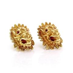 Lion Head Gold and Ruby Earrings