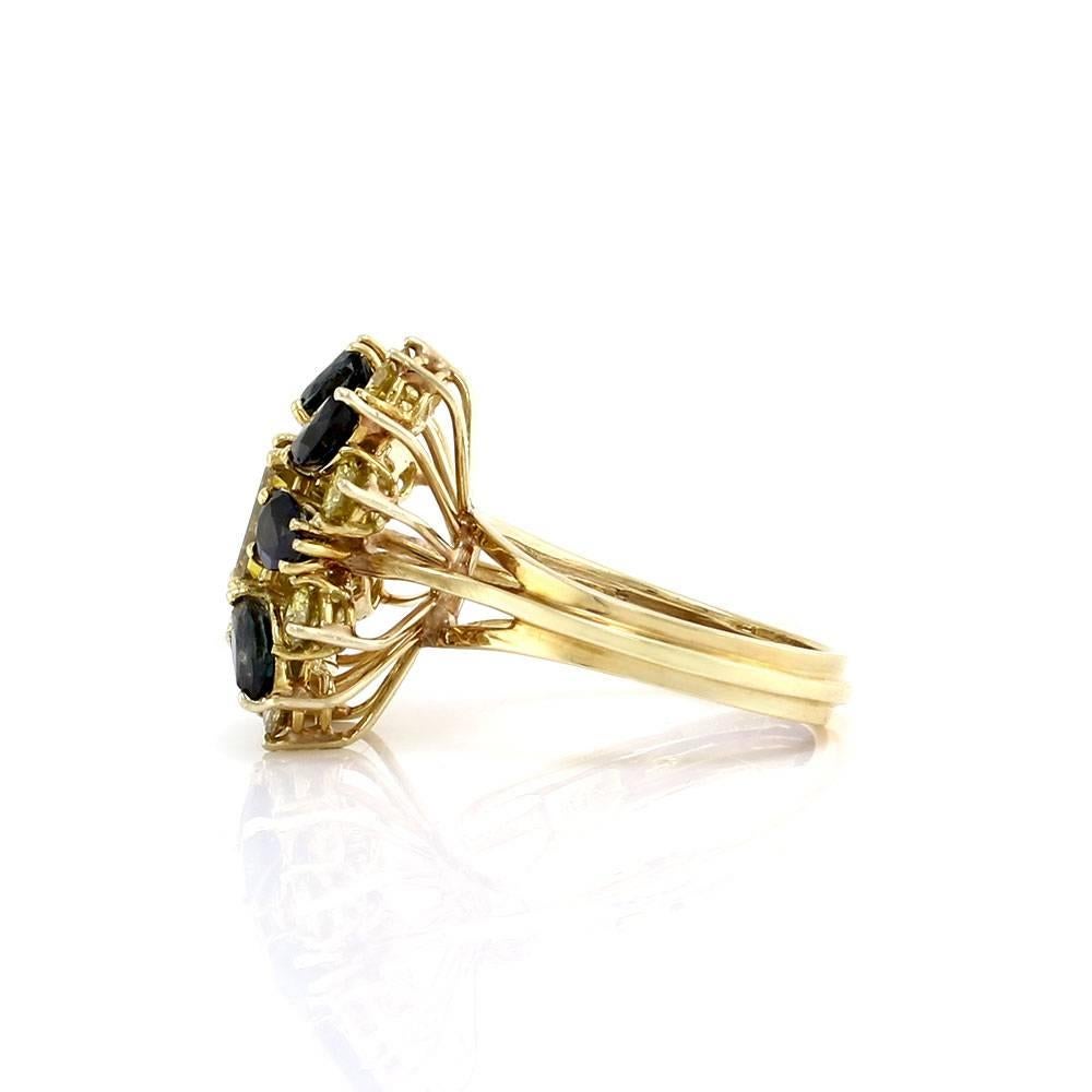 Women's Blue Sapphire Yellow Diamond Gold cluster Ring  For Sale