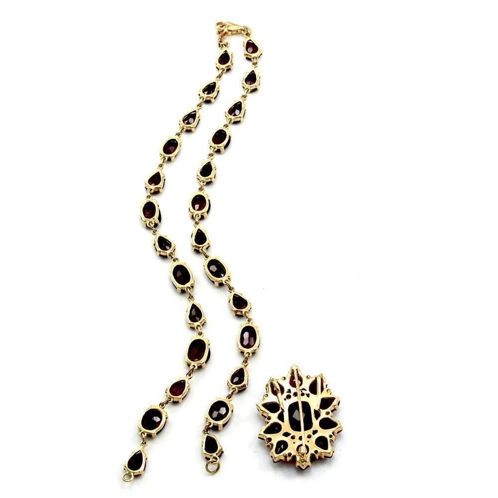 Antique Garnet Diamond Gold Convertible Necklace Brooch For Sale 2