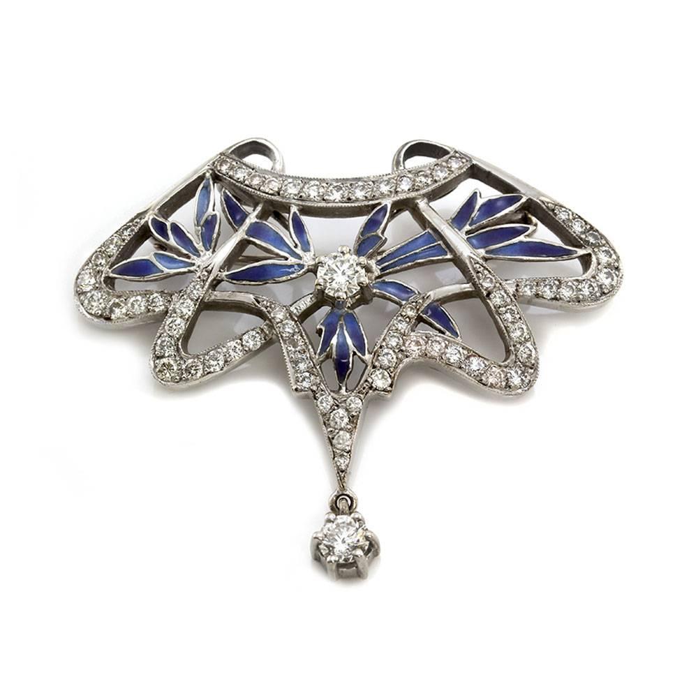 Nouveau 1910 Arctic Collection Ensueno Enamel Diamond Gold Brooch Pendant In Excellent Condition For Sale In Scottsdale, AZ