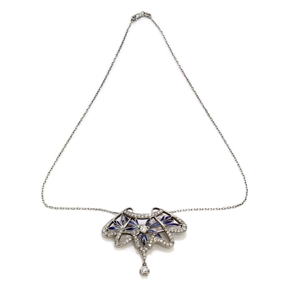 Nouveau 1910 Arctic Collection Ensueno Enamel Diamond Gold Brooch Pendant For Sale 1
