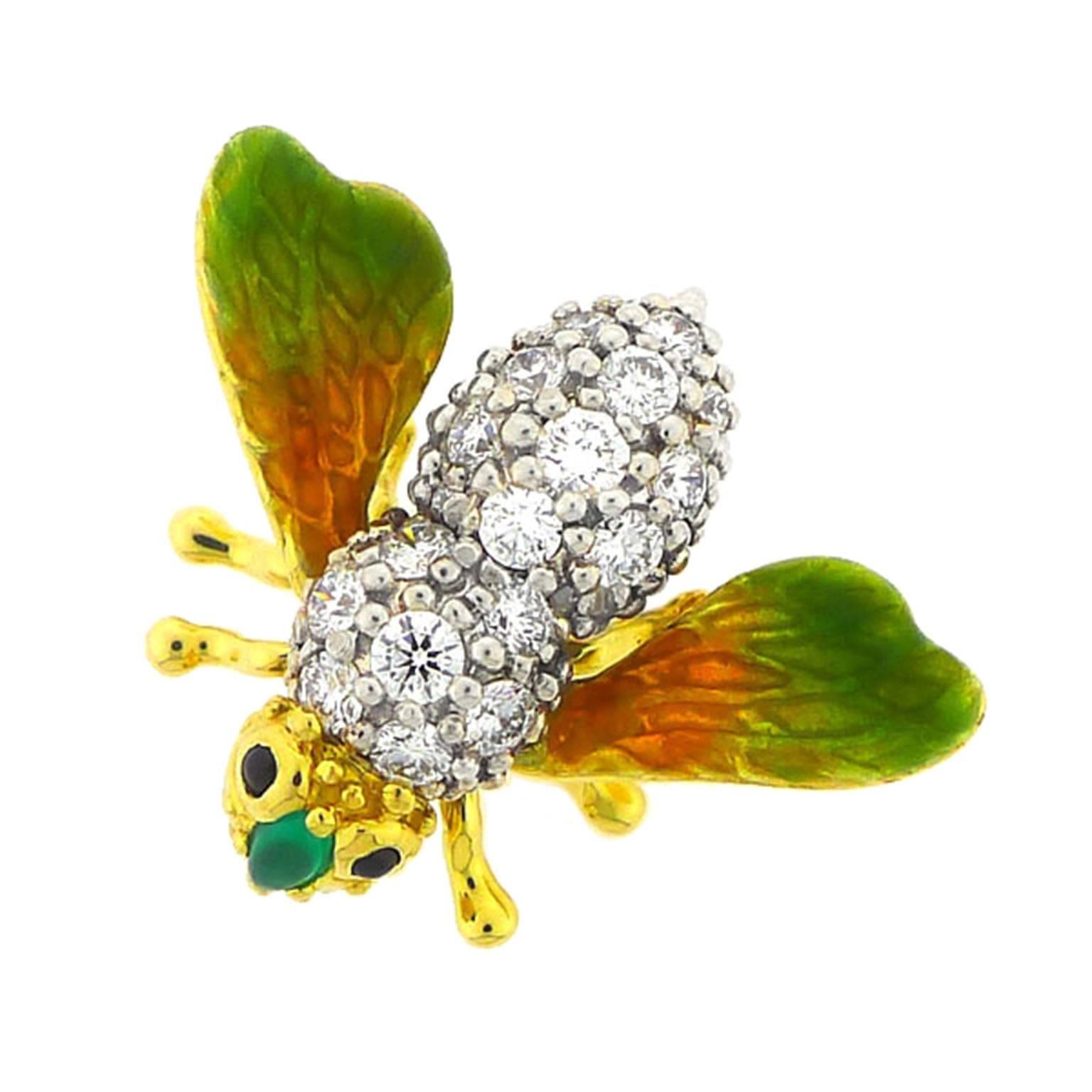 T. Foster & Co. Enamel and Diamond Bee Motif Pin For Sale