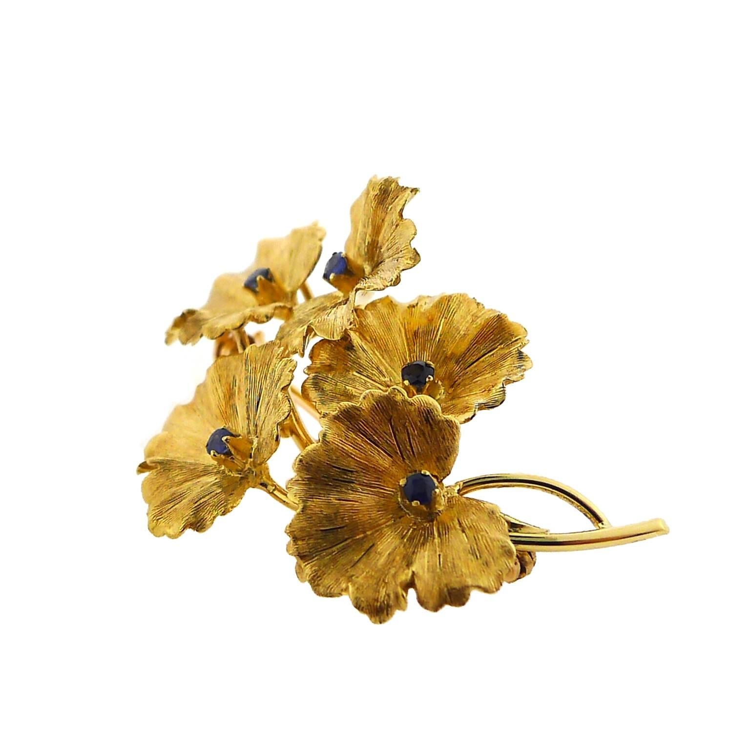 Tiffany & Co. Sapphire Yellow Gold Flower Pin  In Excellent Condition In Yardley, PA