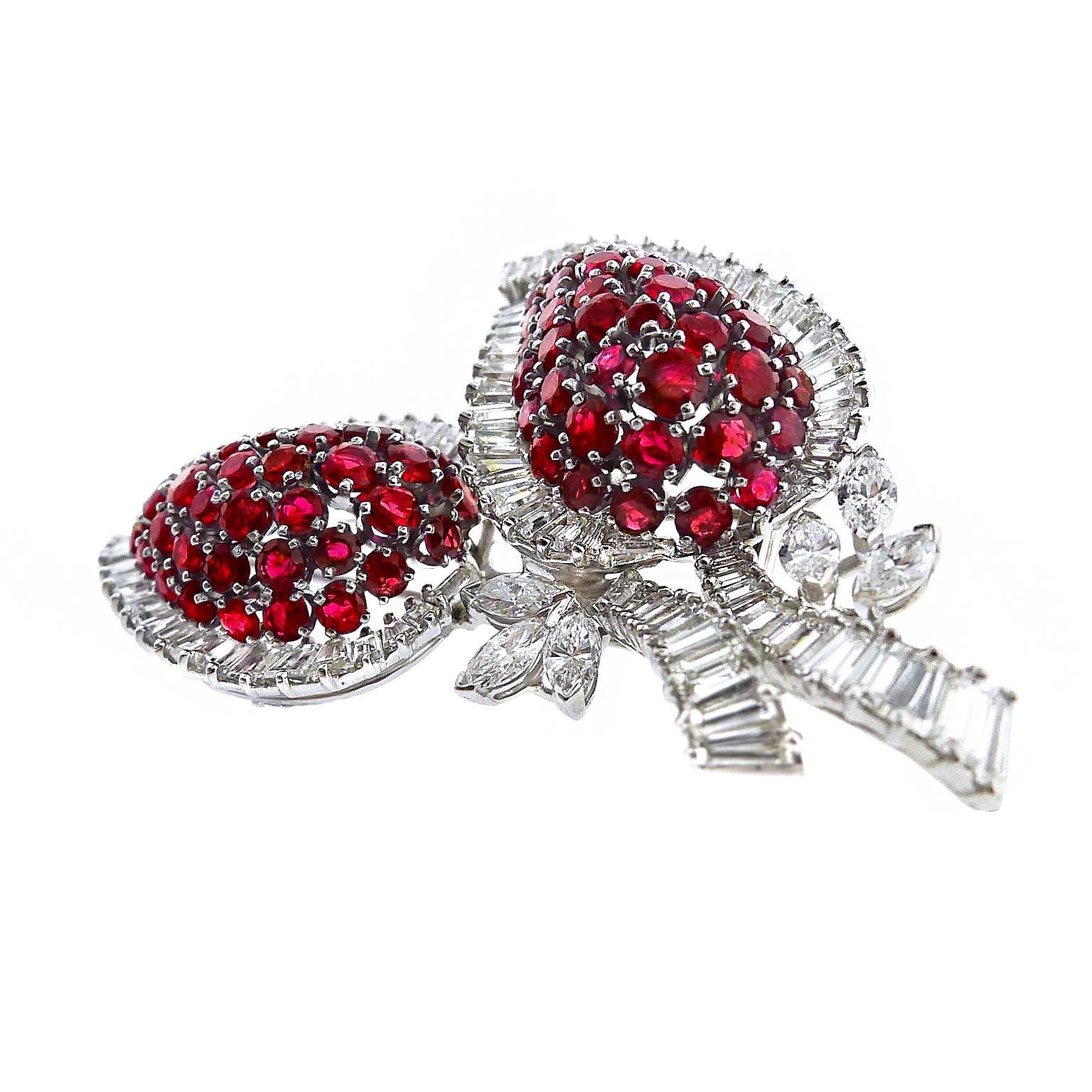 1940s Ruby and Diamond Platinum Brooch In New Condition For Sale In Yardley, PA