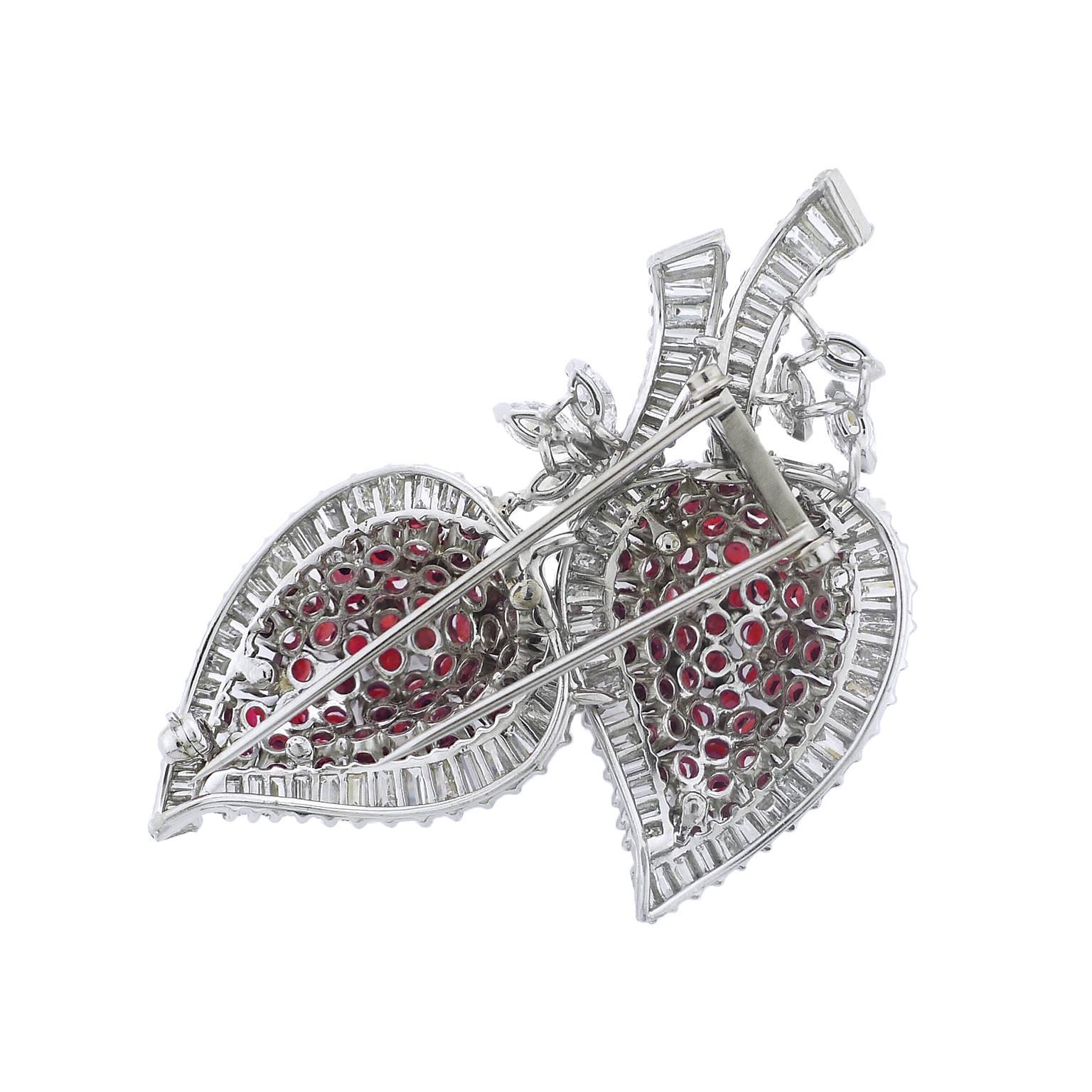 1940s Ruby and Diamond Platinum Brooch For Sale 1