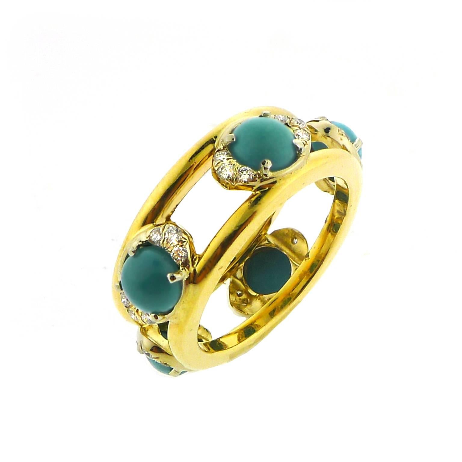 Two 18k yellow gold bands support five oval white gold sections that are pavé set with round brilliant cut diamonds and one 6 millimeter round green/blue turquoise. There are 30 G color, VS clarity diamonds that total 0.20 carats. The ring is a