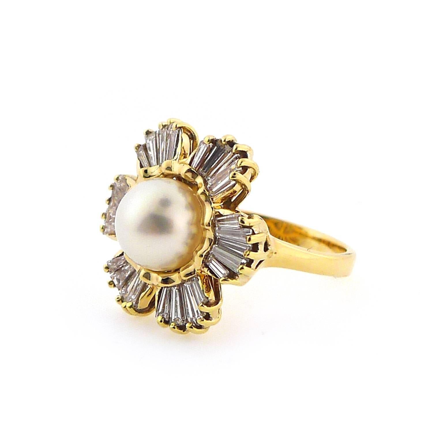 1950s Cultured Pearl Diamond Gold Ring In Excellent Condition In Yardley, PA