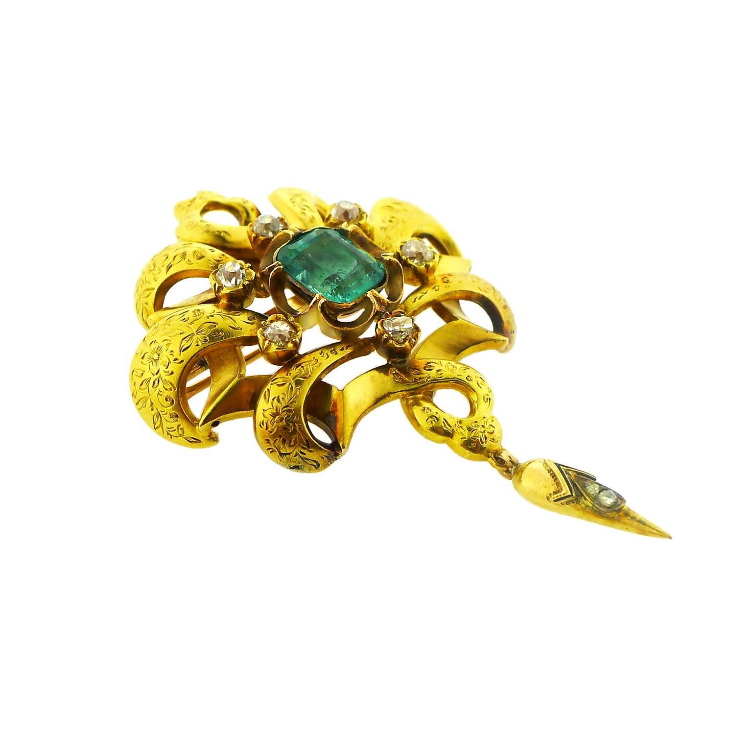 Mid-Late 19th Century Hand-Engraved Emerald Diamond Gold Brooch In New Condition For Sale In Yardley, PA