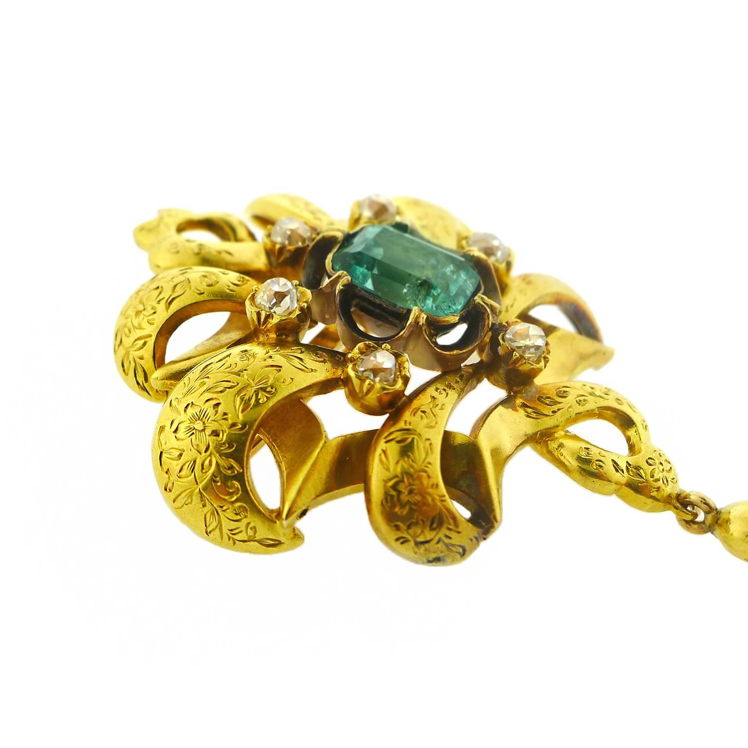 Women's Mid-Late 19th Century Hand-Engraved Emerald Diamond Gold Brooch For Sale