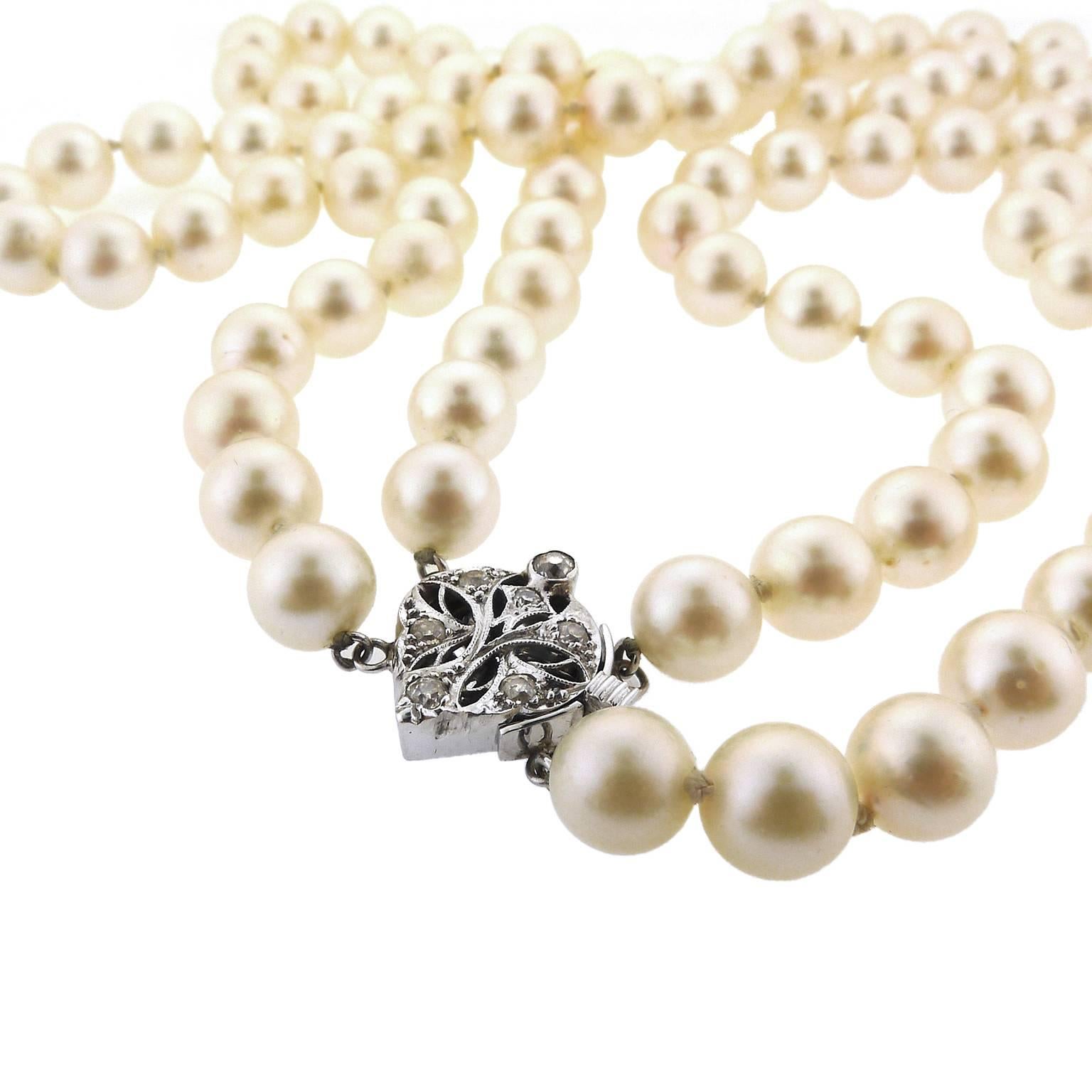 Women's Double Strand Cultured Pearl Necklace with Gold Diamond Clasp