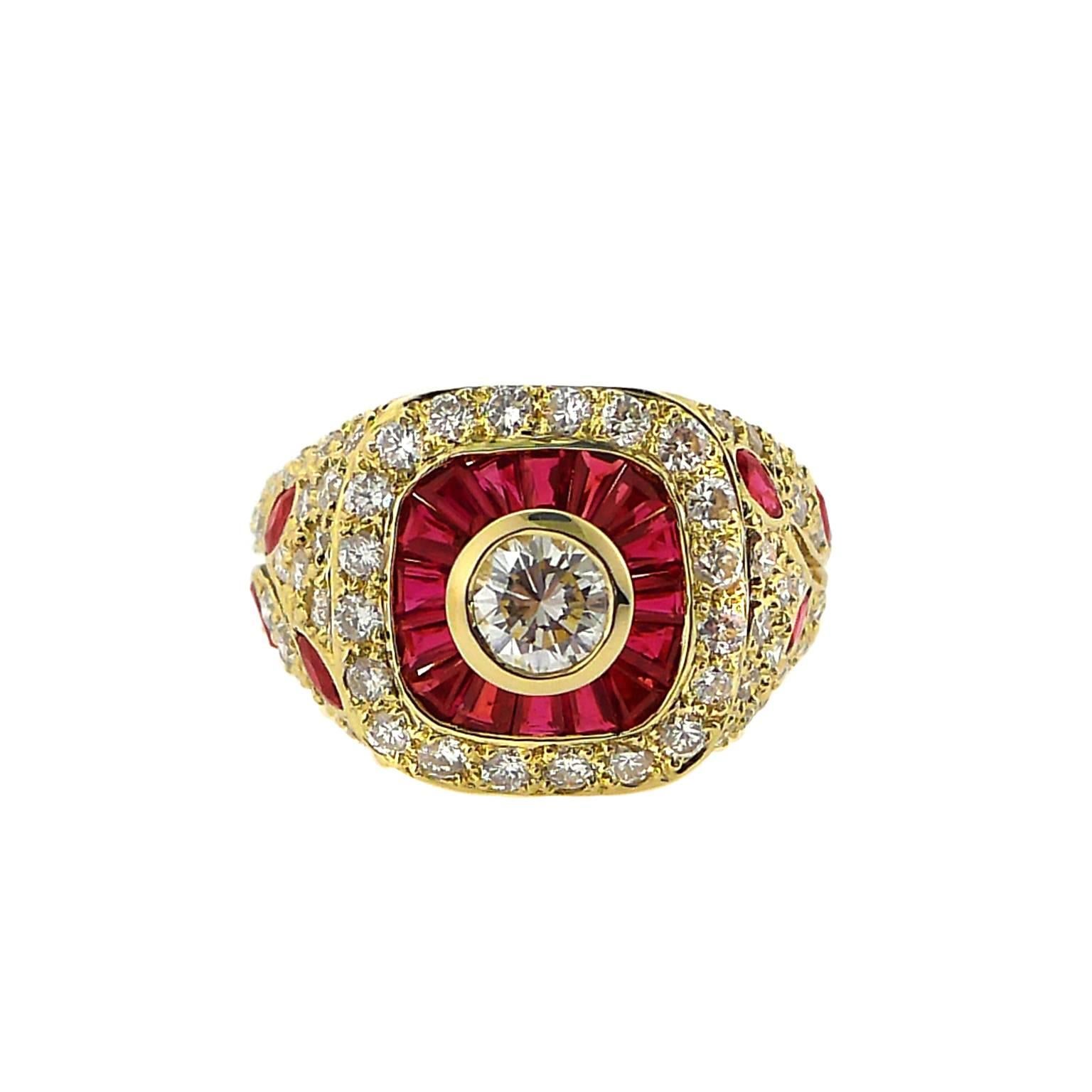 63 diamonds total 1.46 carats.  Rubies total approximately 1.90 carats.
Channel, bezel and pave set.  Ring is a size 6 and can be sized for an additional charge.