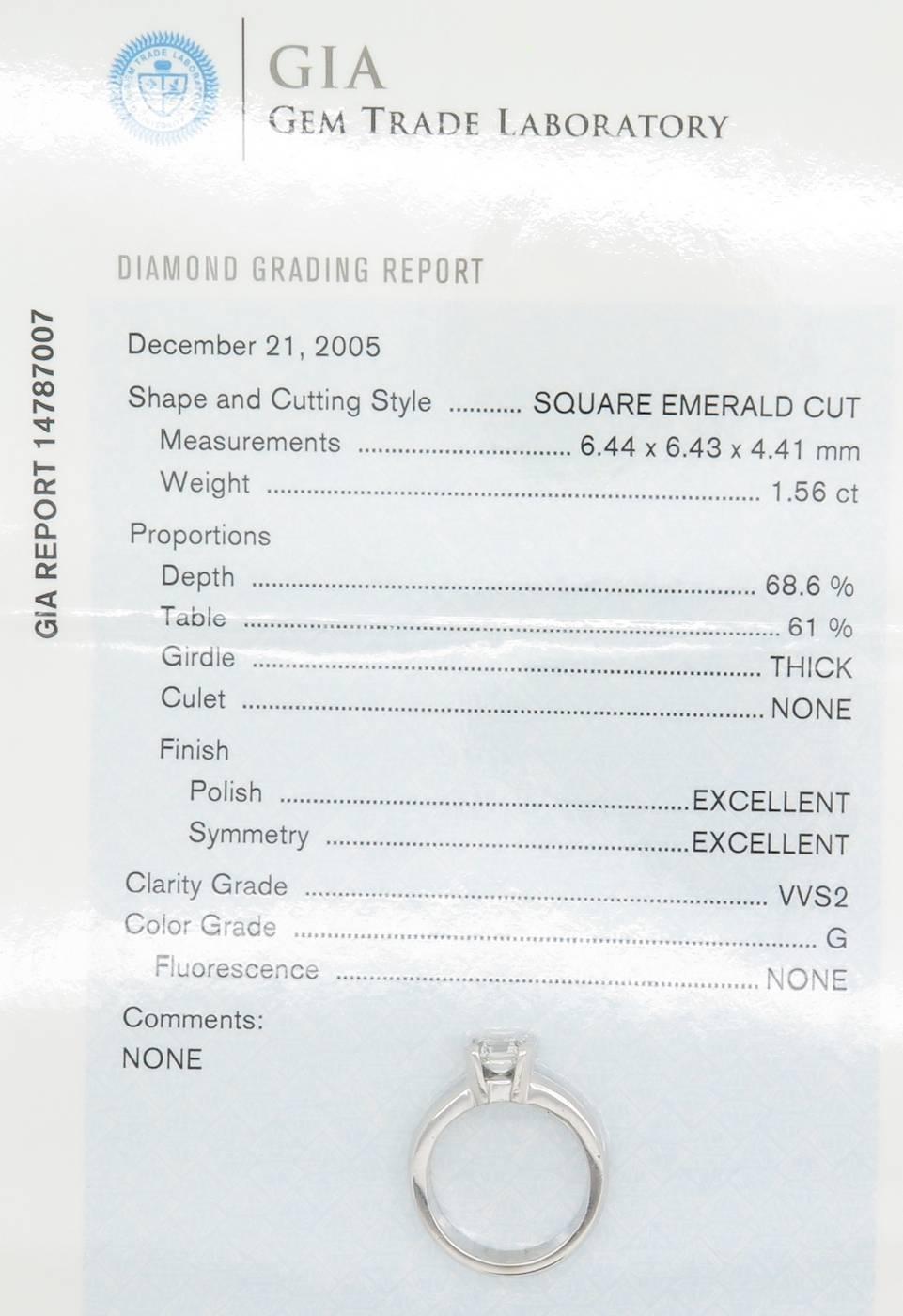 14k White Gold tension set GIA Certified 1.56CT Square Emerald Cut Diamond set in a platinum head. The diamond has VVS2 clarity and G color. The 14K white gold ring is size 8.0 and weighs 14.6 grams.