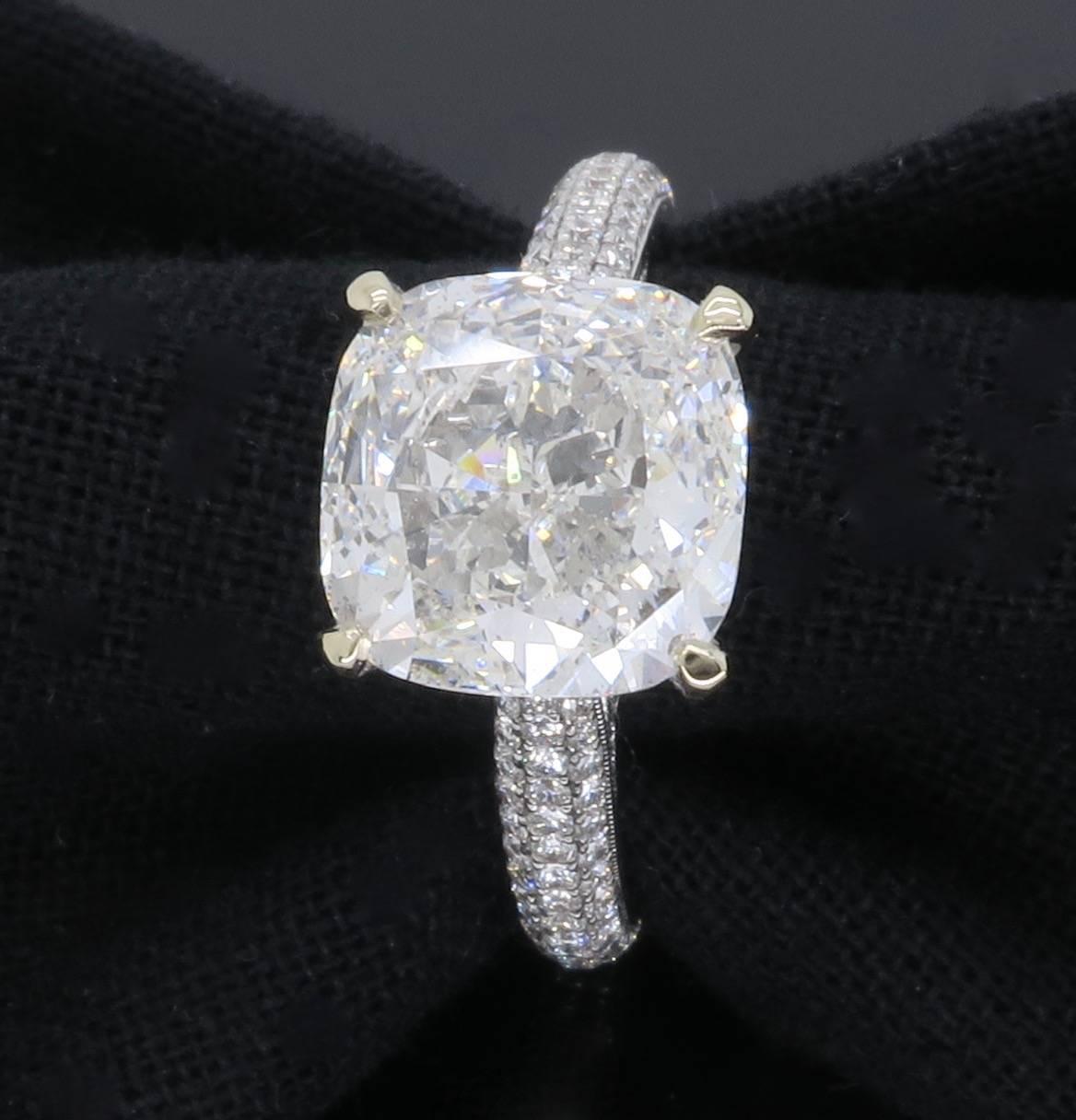 GIA Certified 4.11 Carat Cushion Cut Diamond Engagement Ring In Excellent Condition In Webster, NY
