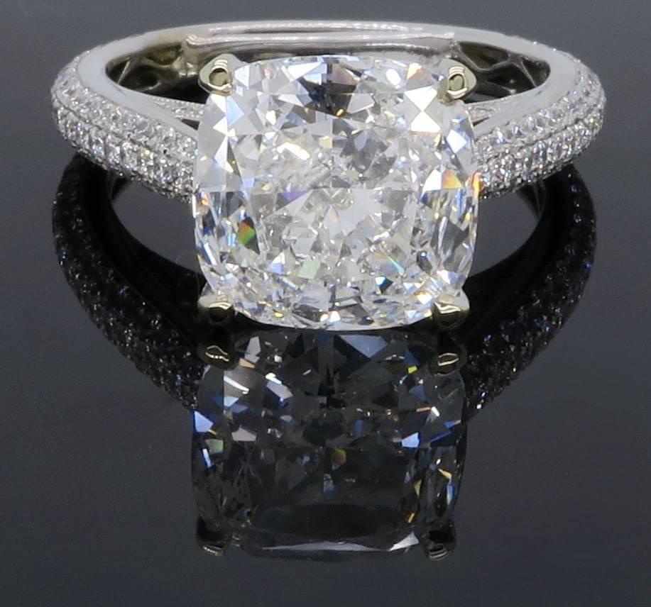 Women's GIA Certified 4.11 Carat Cushion Cut Diamond Engagement Ring