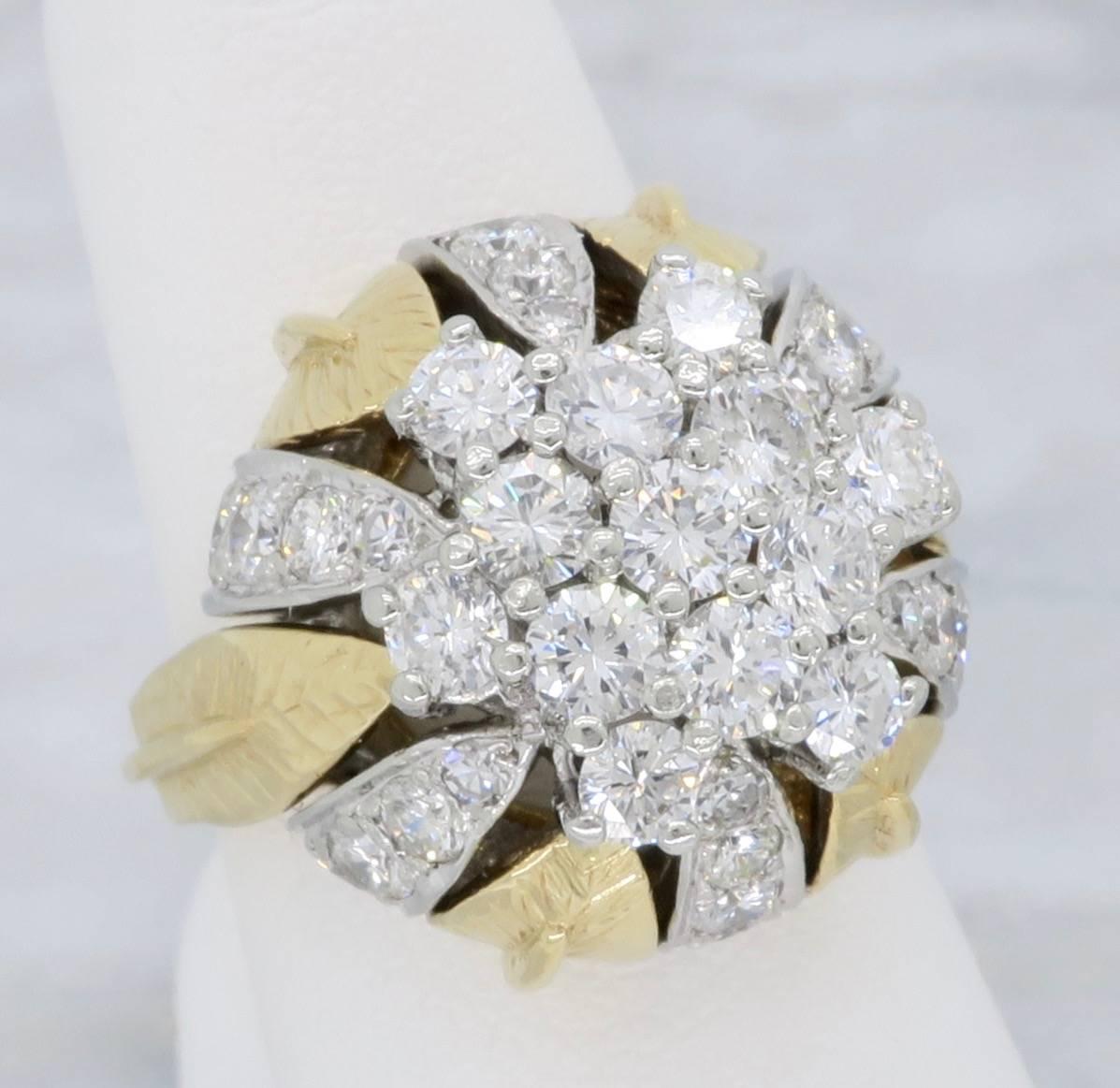 Two-Tone Gold Diamond Flower Ring In Excellent Condition In Webster, NY