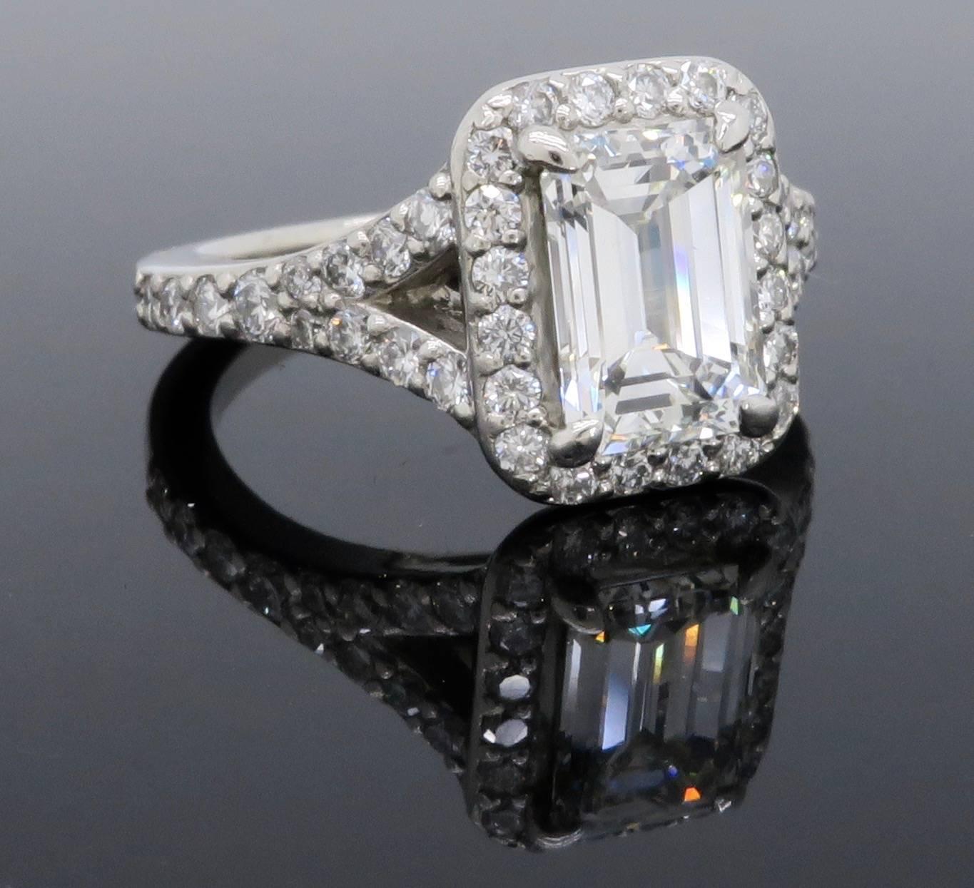 Women's GIA Certified 1.77 Carat Emerald Cut Halo Diamond Engagement Ring