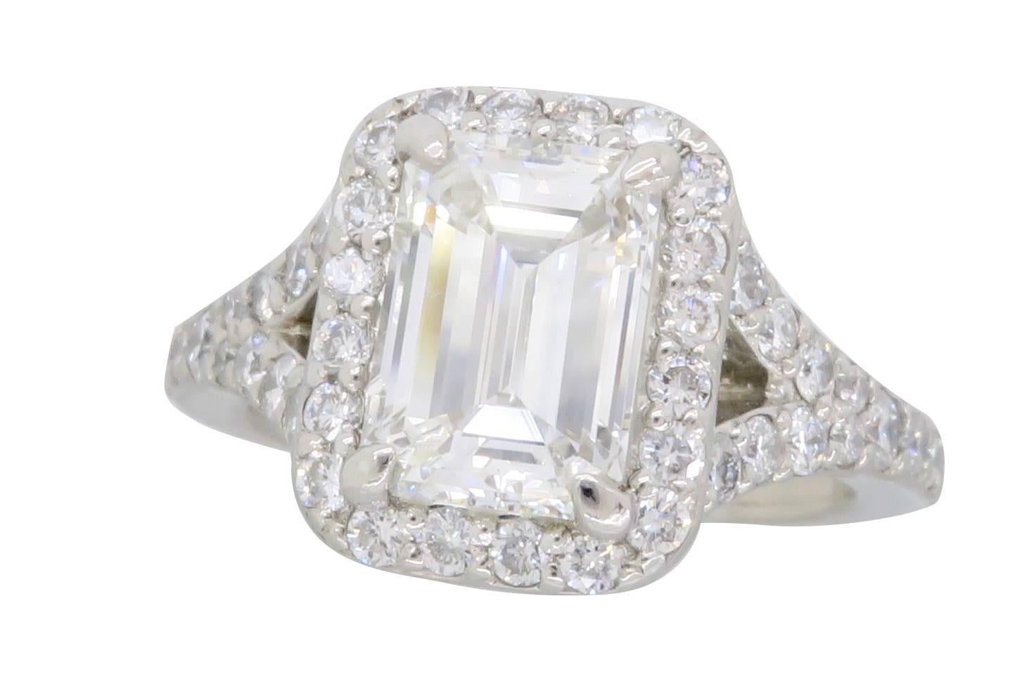 GIA Certified 1.77 Carat Emerald Cut Halo Diamond Engagement Ring 2