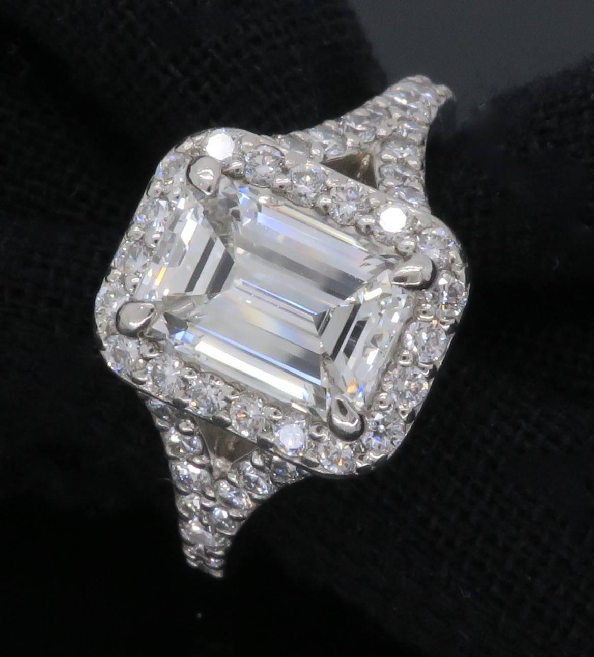 GIA Certified 1.77 Carat Emerald Cut Halo Diamond Engagement Ring 3