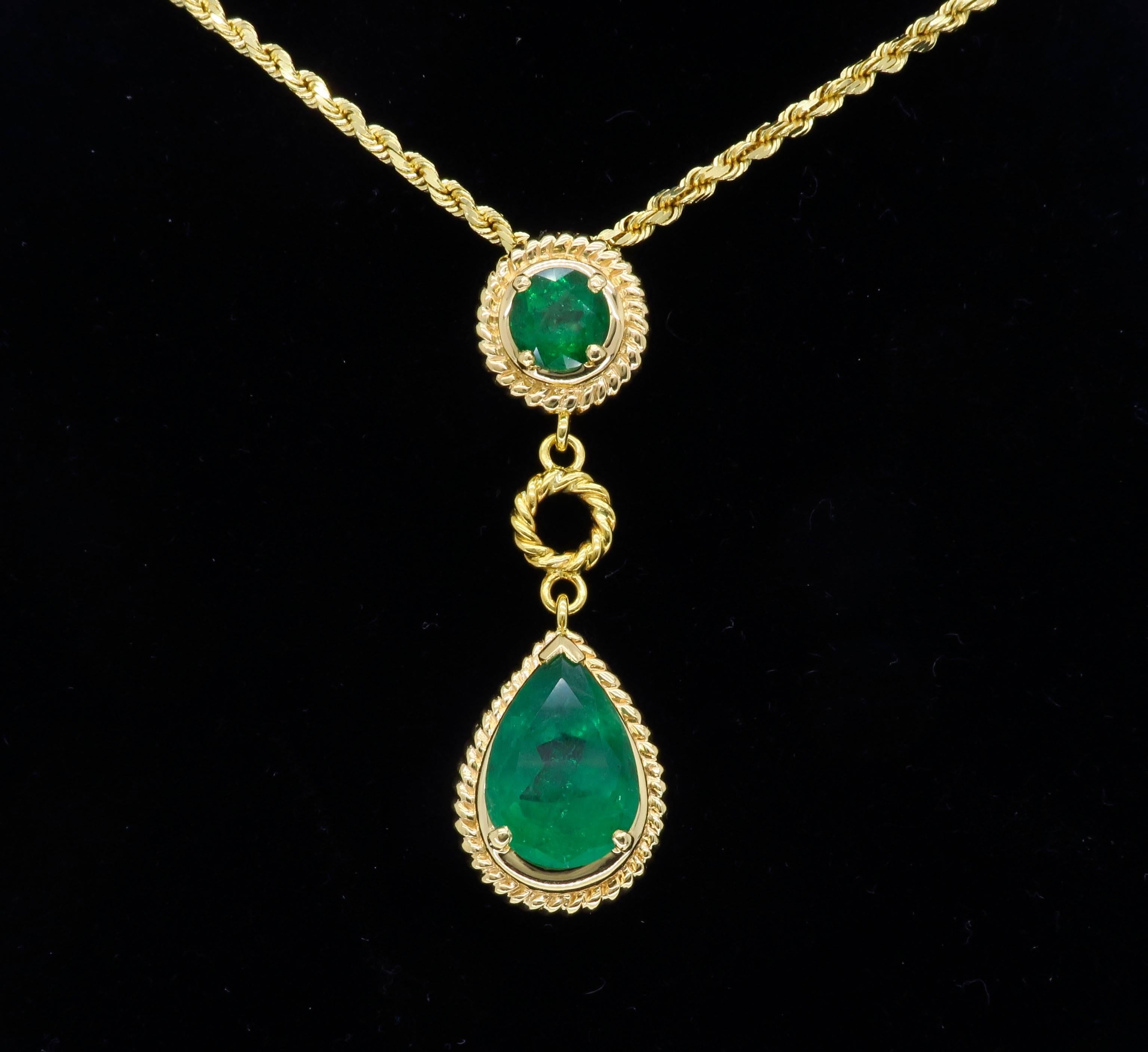 Women's or Men's Emerald and Gold Drop Necklace