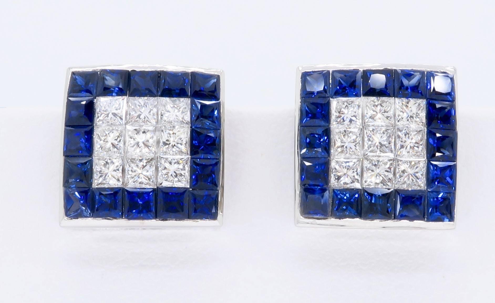 1.44 Carat Sapphire Diamond White Gold Omega Back Earrings In Excellent Condition In Webster, NY