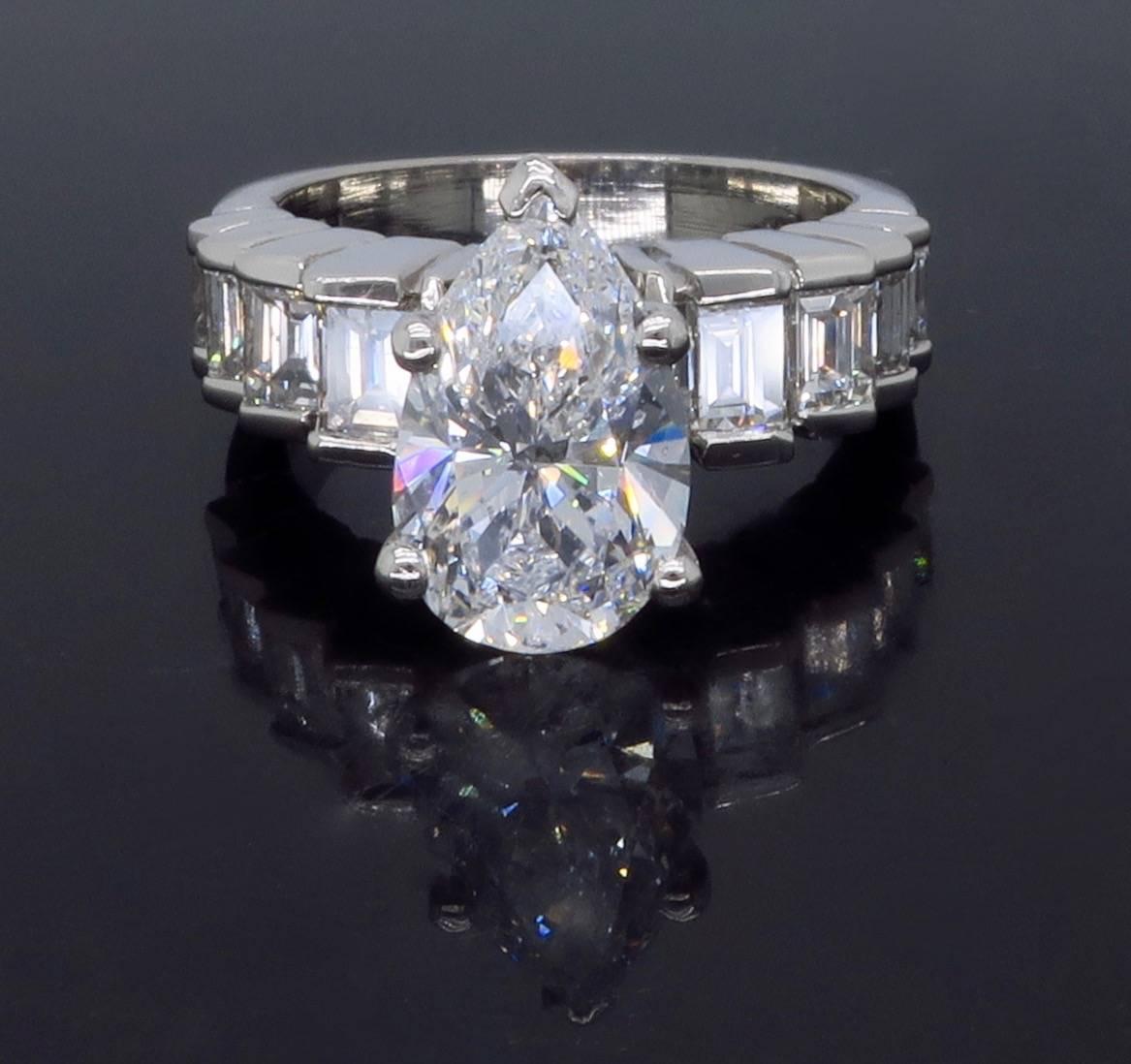 2.62 Carat Pear Cut Diamond Platinum Engagement Ring  In Excellent Condition In Webster, NY