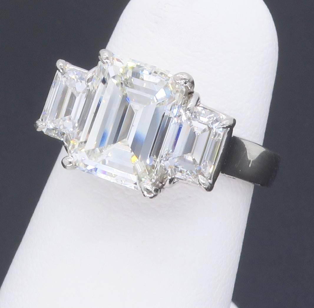 Emerald Cut GIA Certified Three Stone 2.03 Carat Emerald Diamond Platinum Engagement Ring