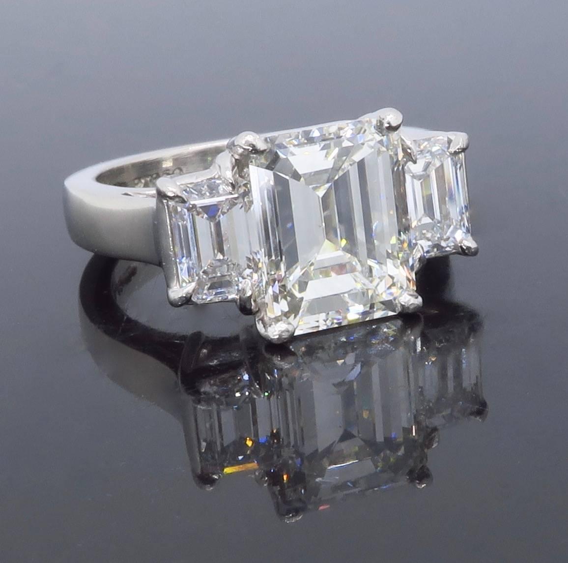 Women's GIA Certified Three Stone 2.03 Carat Emerald Diamond Platinum Engagement Ring