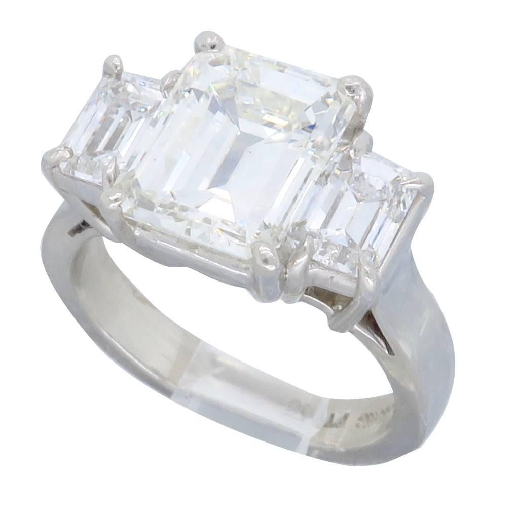 GIA Certified Three Stone 2.03 Carat Emerald Diamond Platinum Engagement Ring 3