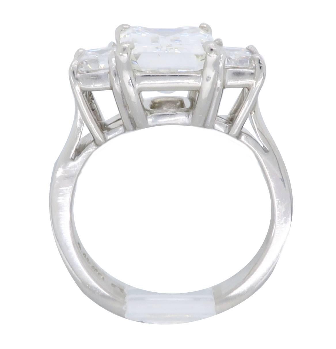 GIA Certified Three Stone 2.03 Carat Emerald Diamond Platinum Engagement Ring 4