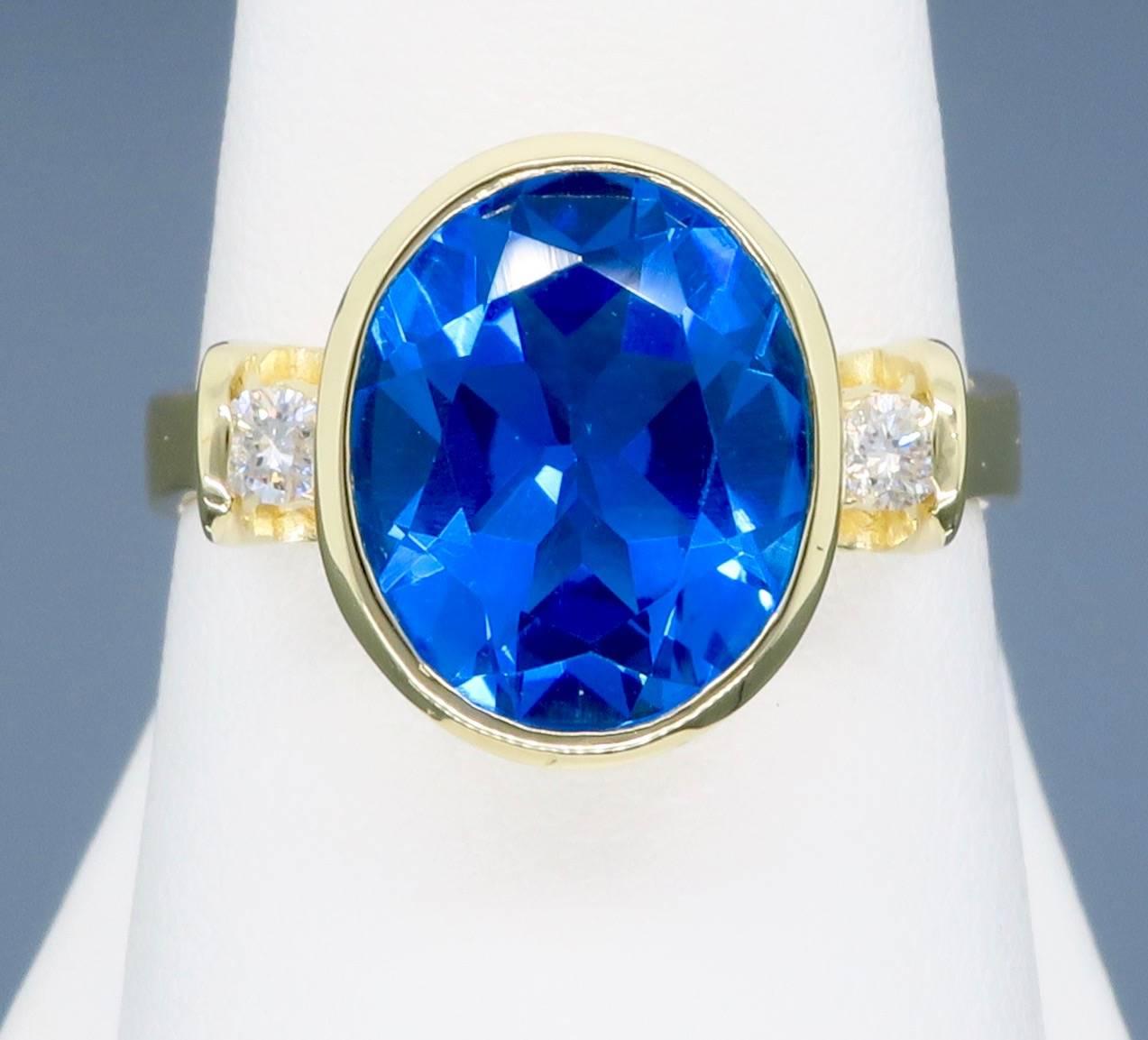 Blue Topaz Diamond Yellow Gold Ring  In Excellent Condition In Webster, NY