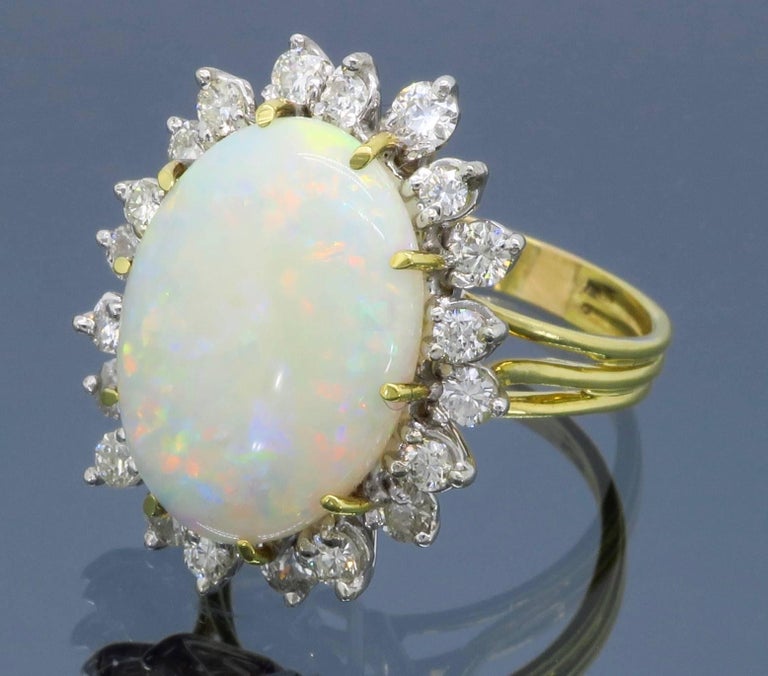 Large Opal Diamond Yellow Gold and White Gold Halo Setting Cocktail ...