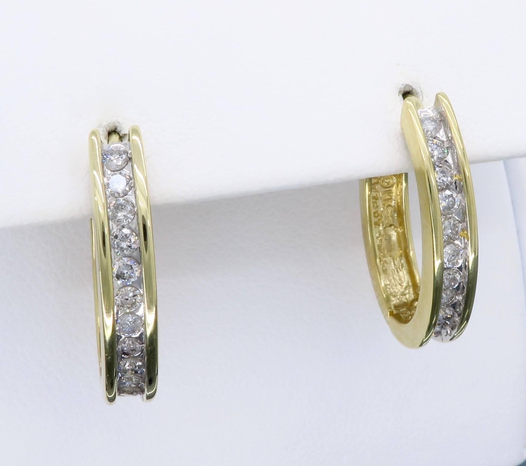  Diamond and Yellow Gold Hoop Earrings In Excellent Condition In Webster, NY