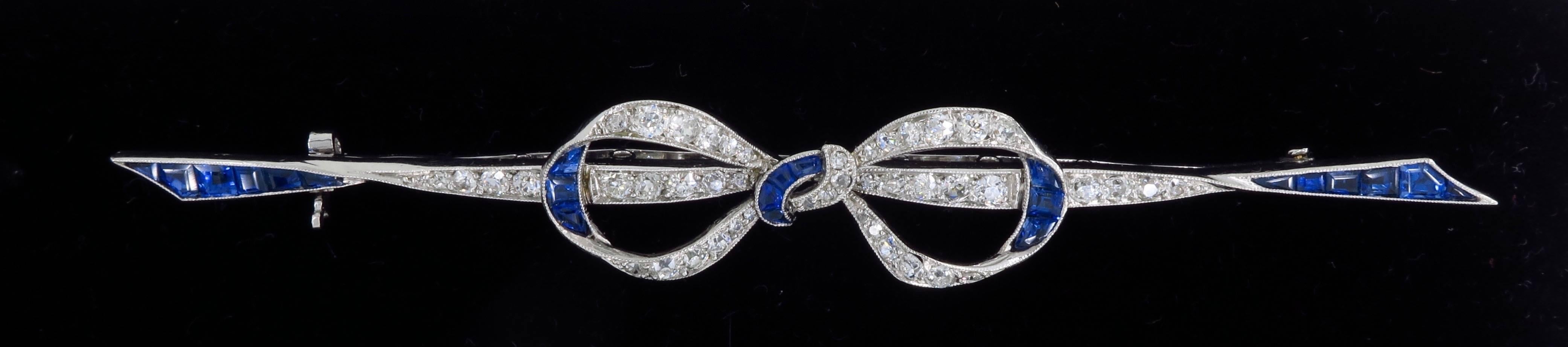 Platinum Diamond and Sapphire Vintage Bow Pin In Excellent Condition In Webster, NY