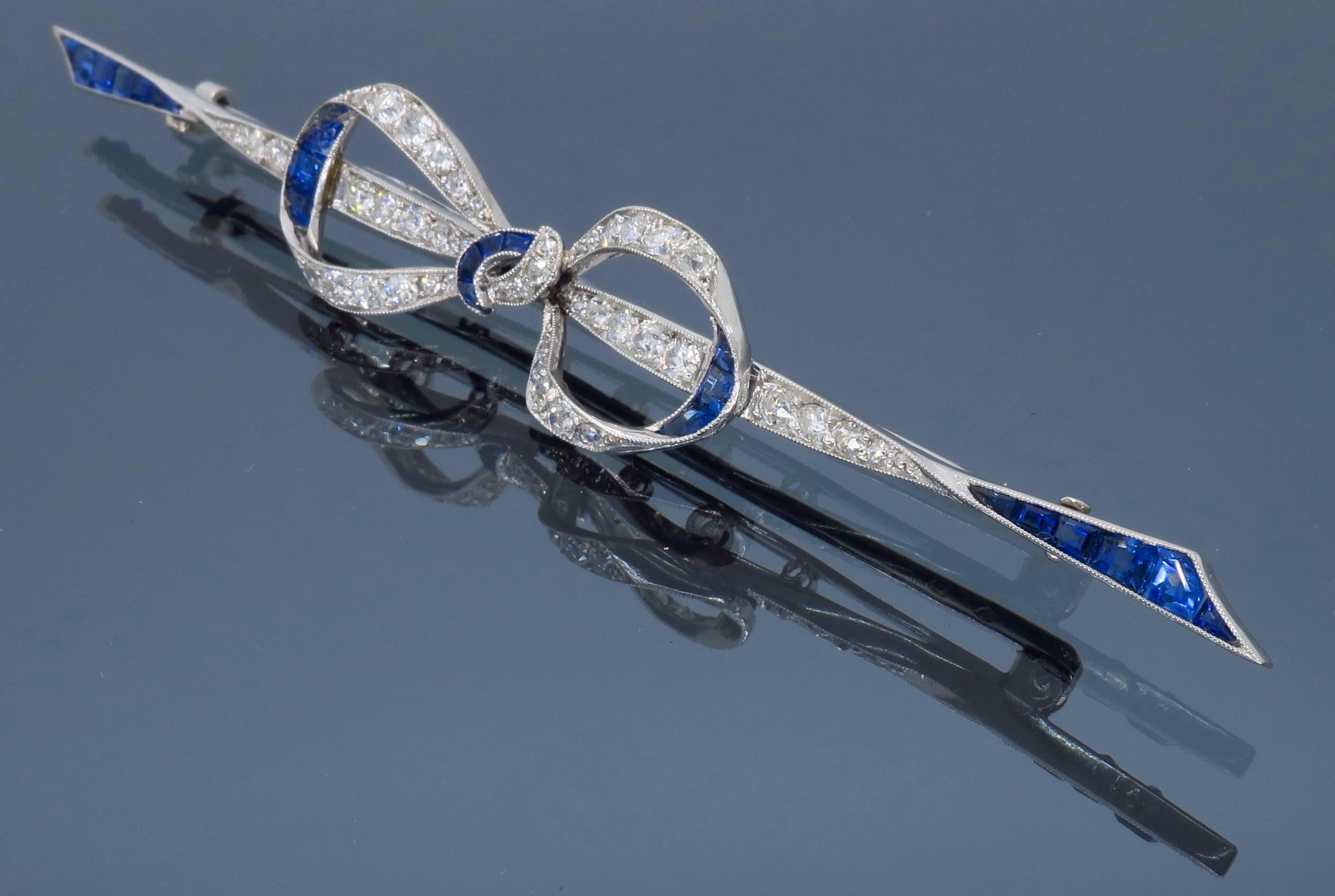 Platinum Diamond and Sapphire Vintage Bow Pin 1