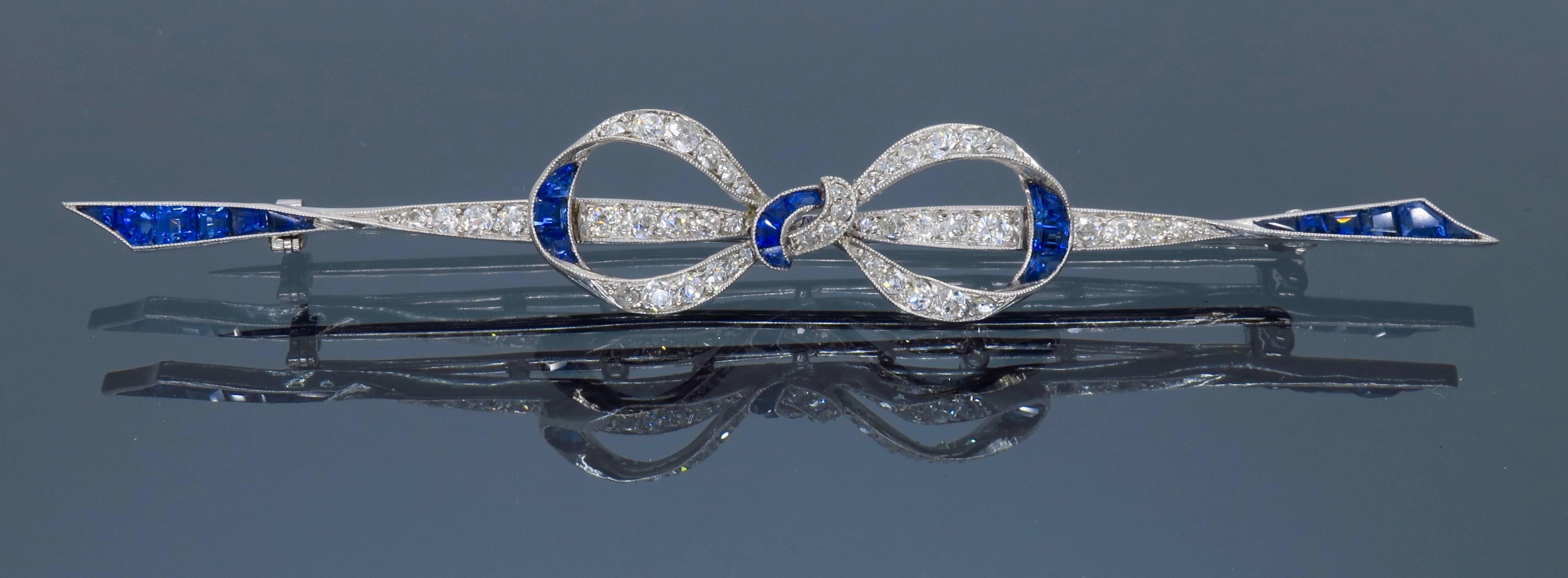 Platinum Diamond and Sapphire Vintage Bow Pin 2