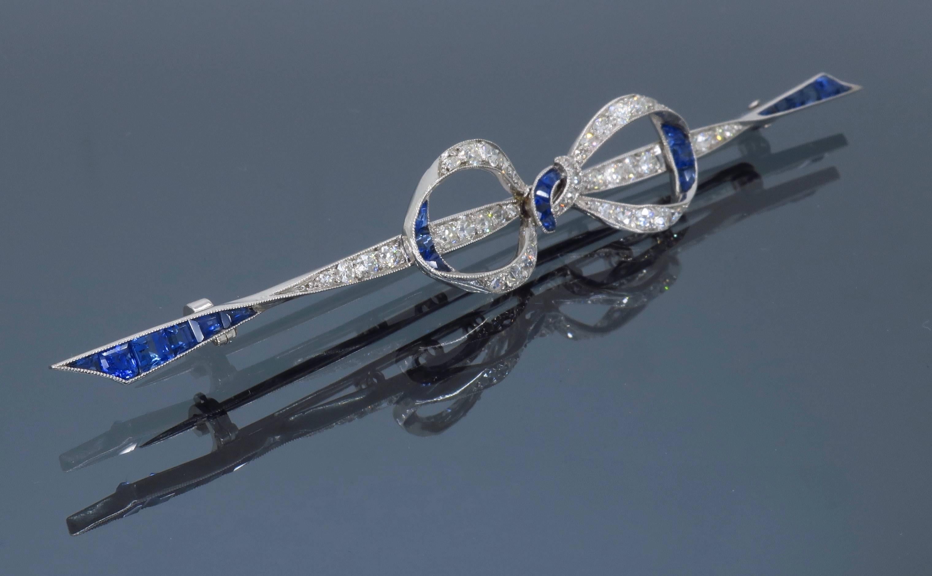 Platinum Diamond and Sapphire Vintage Bow Pin 3