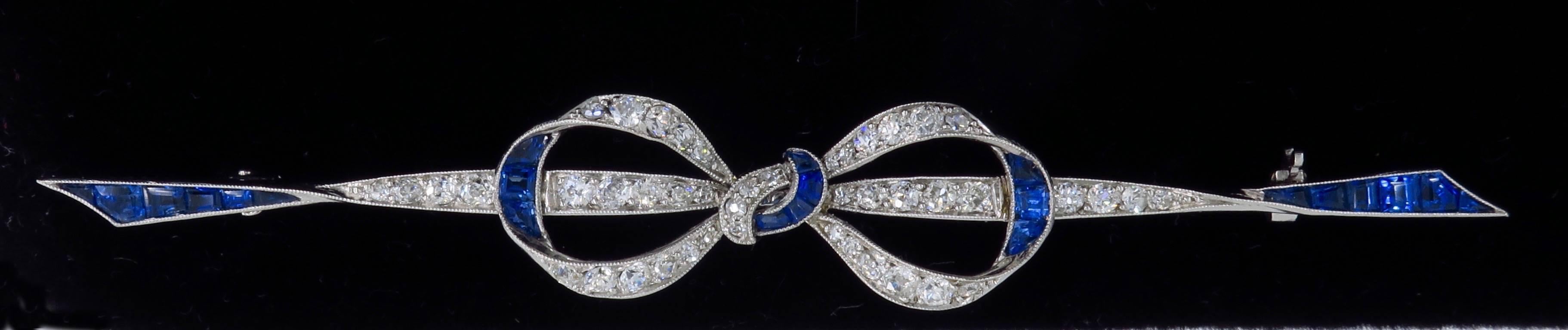 Platinum Diamond and Sapphire Vintage Bow Pin 4