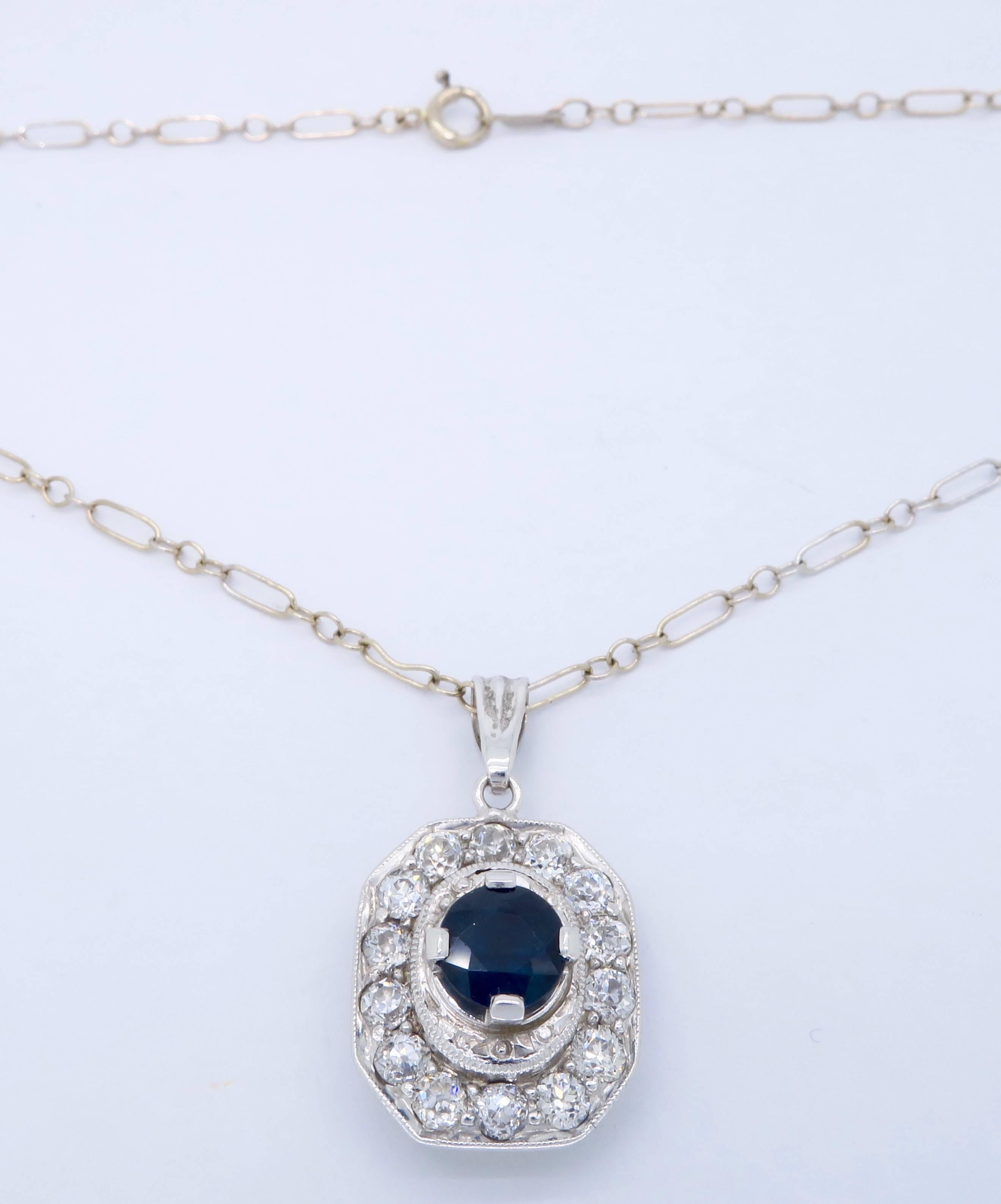 Art Deco Platinum Diamond and Sapphire Pendant In Excellent Condition In Webster, NY