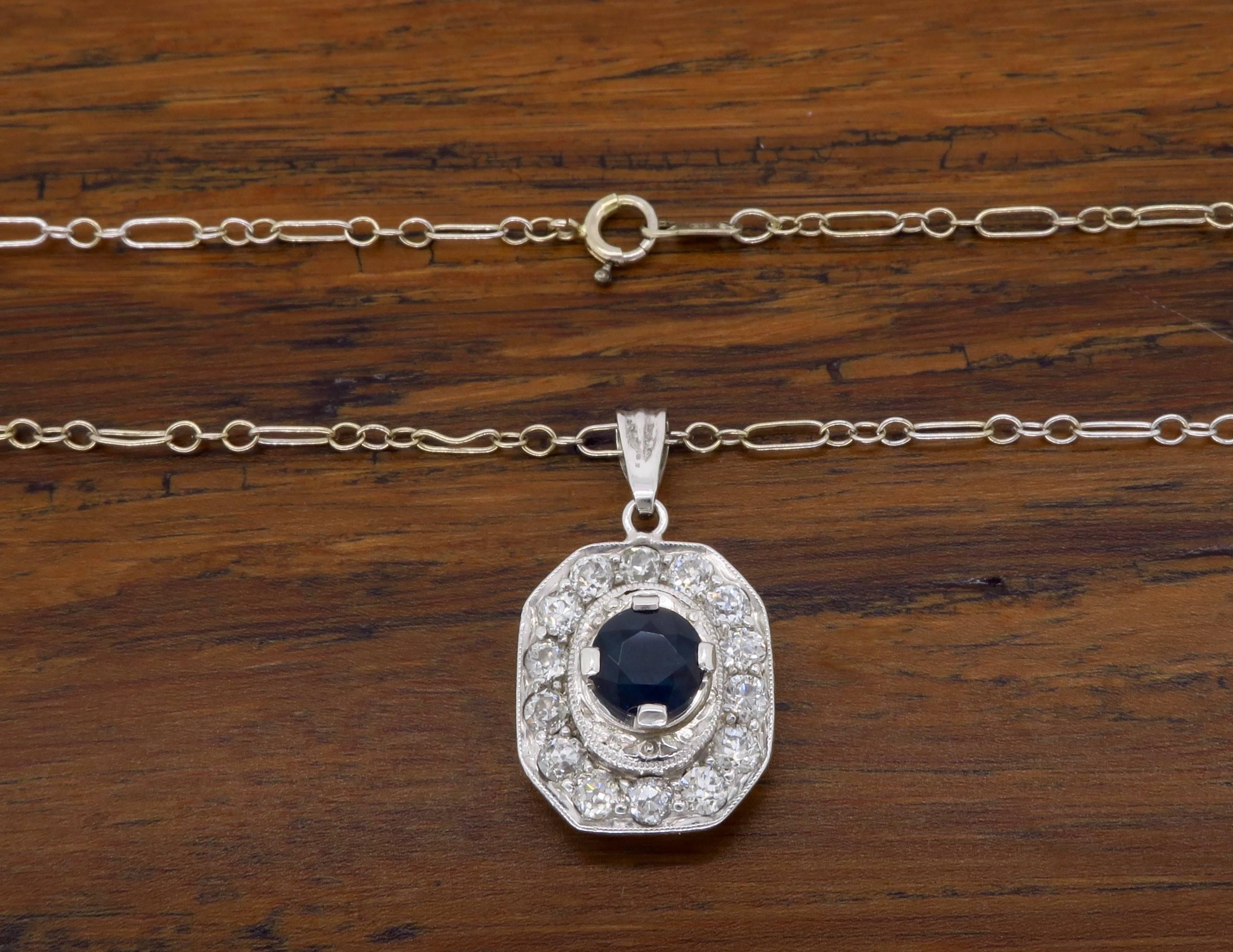 Women's Art Deco Platinum Diamond and Sapphire Pendant