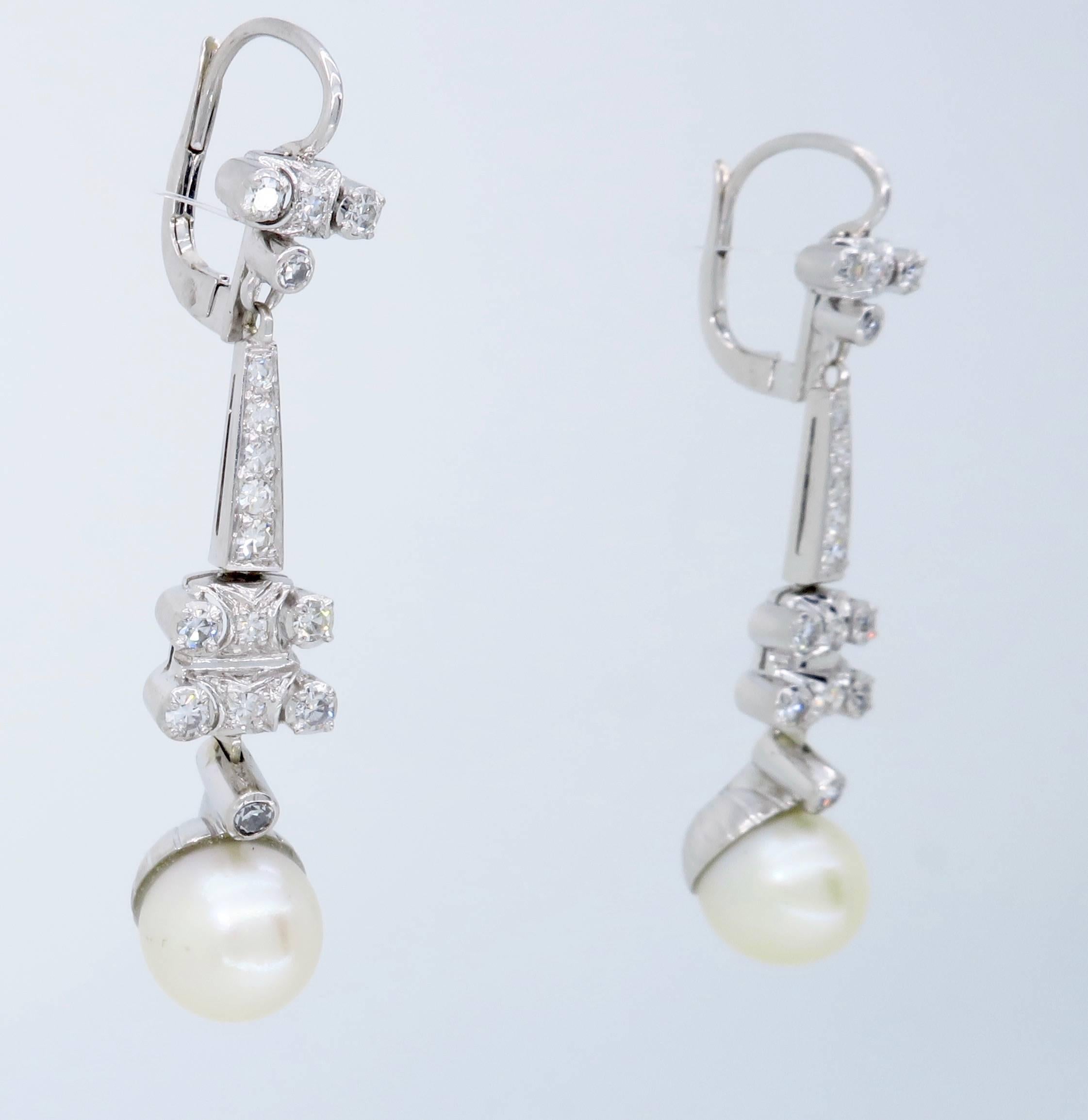 18 Karat White Gold Diamond and Pearl Drop Earrings 1