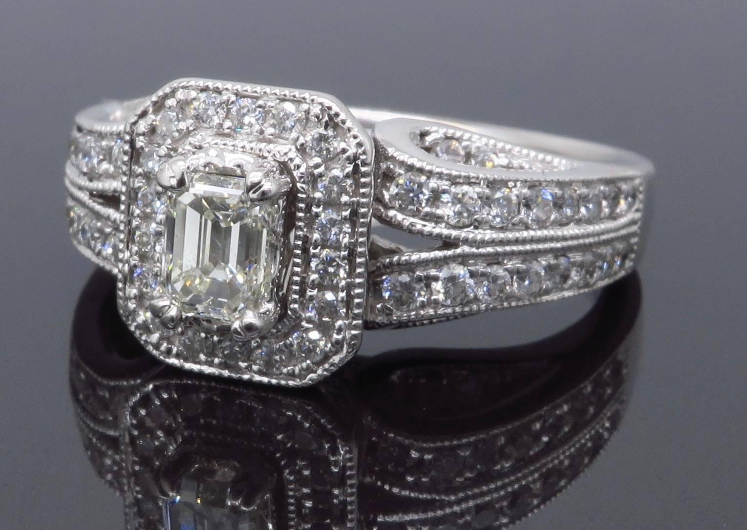 Vintage Style Emerald Cut Diamond Halo Engagement Ring In Excellent Condition In Webster, NY