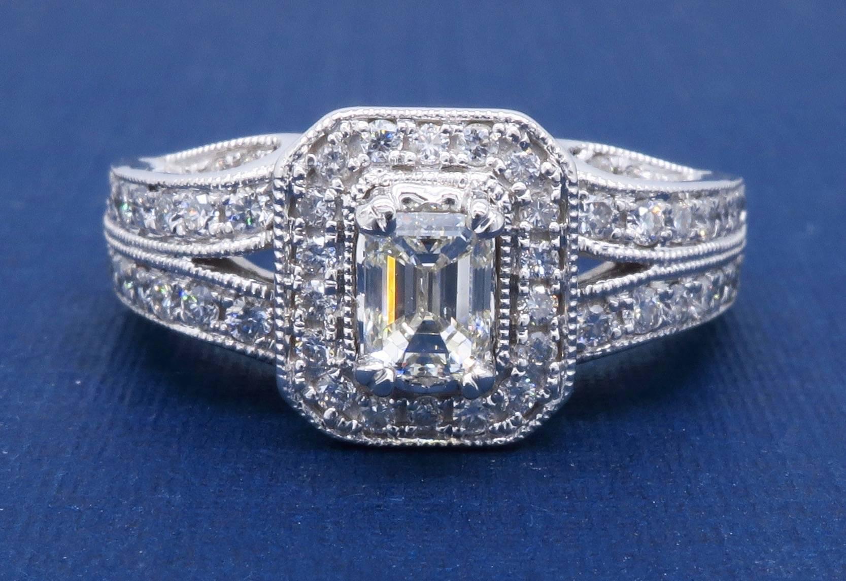 Vintage Style Emerald Cut Diamond Halo Engagement Ring 5