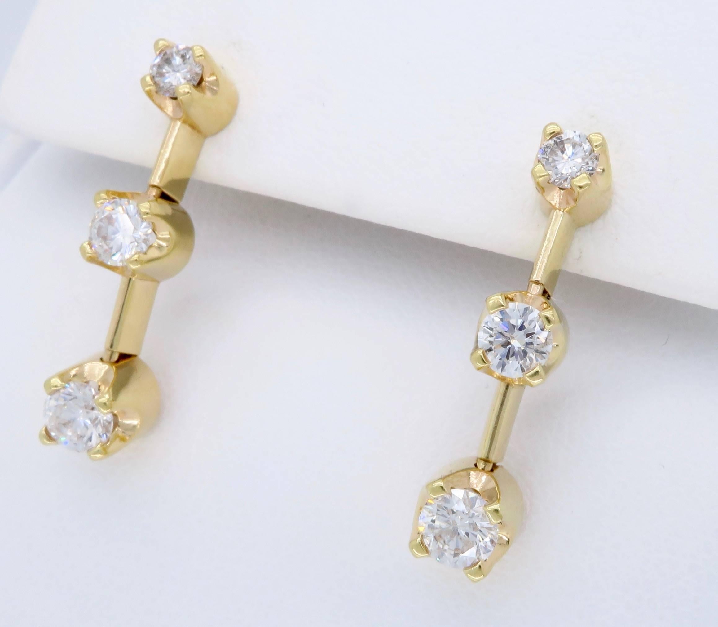 three stone drop diamond earrings