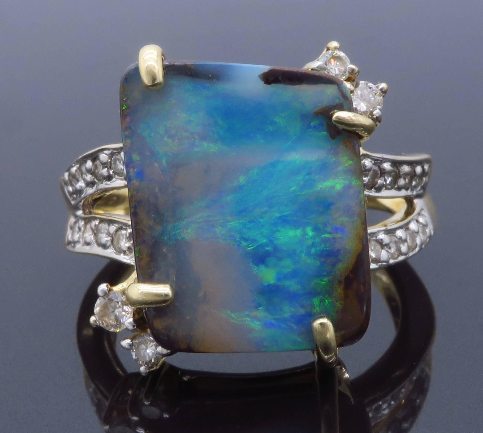 Boulder Opal and Diamond Two-Tone Gold Ring In Excellent Condition In Webster, NY