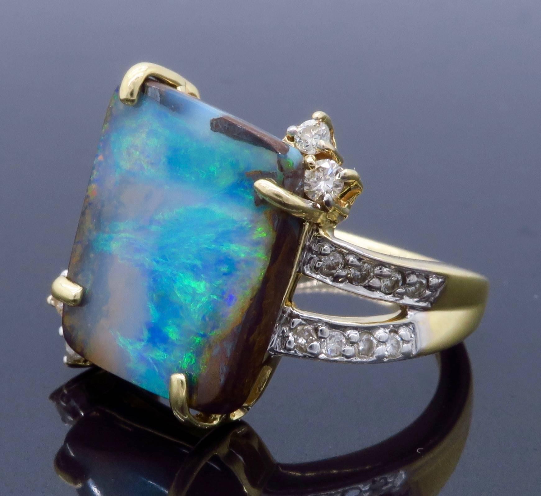 Women's or Men's Boulder Opal and Diamond Two-Tone Gold Ring