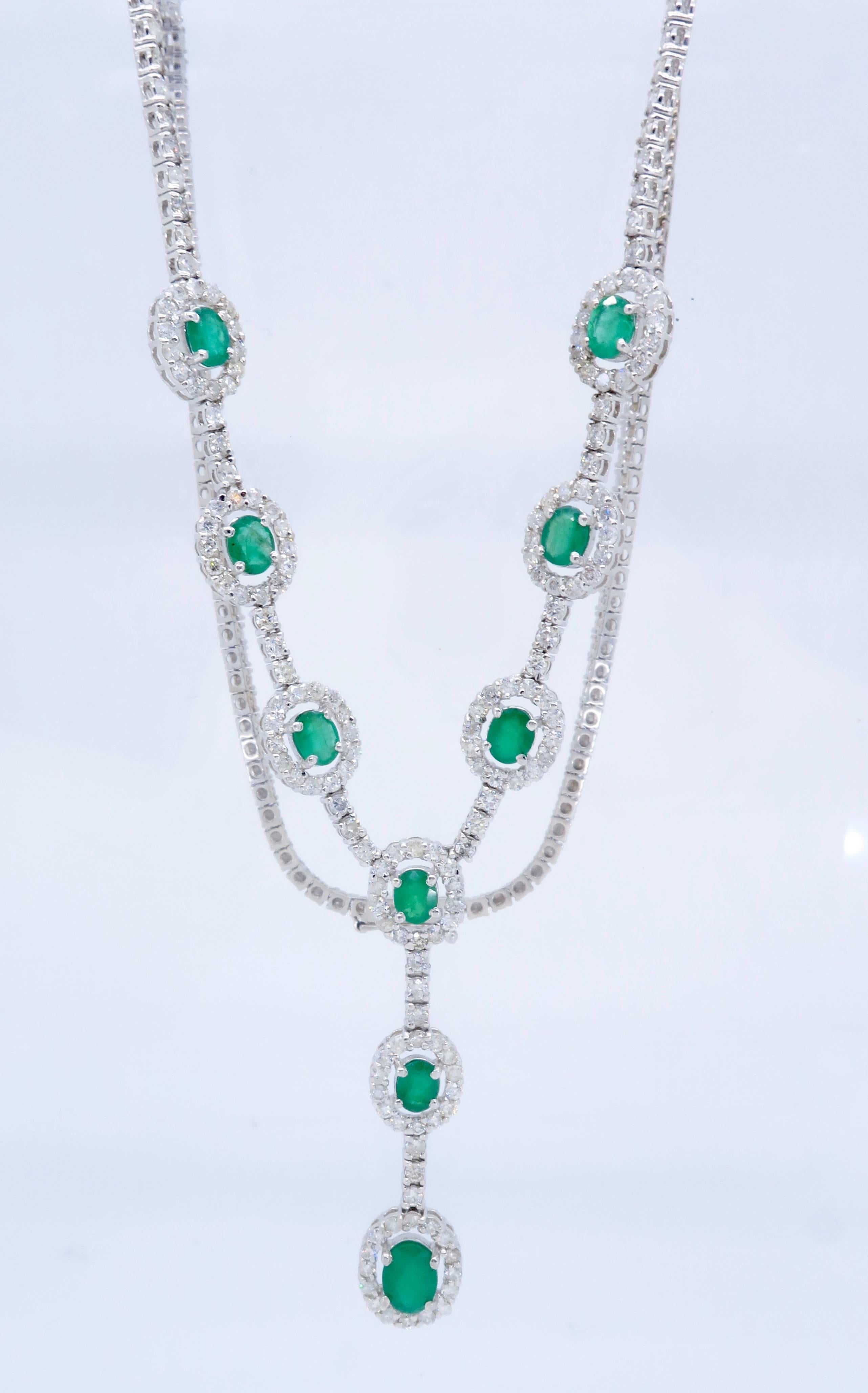 Round Cut Elegant Diamond and Emerald Drop Necklace