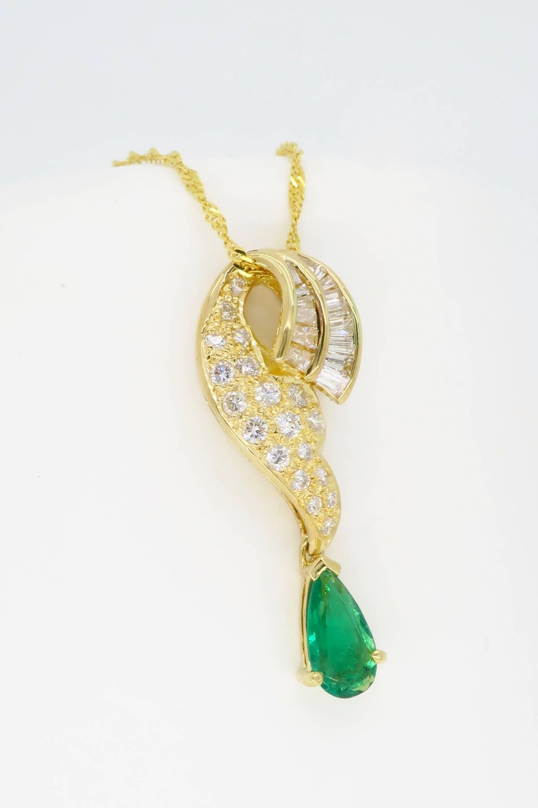 18 Karat Gold Diamond and Emerald Drop Necklace 1