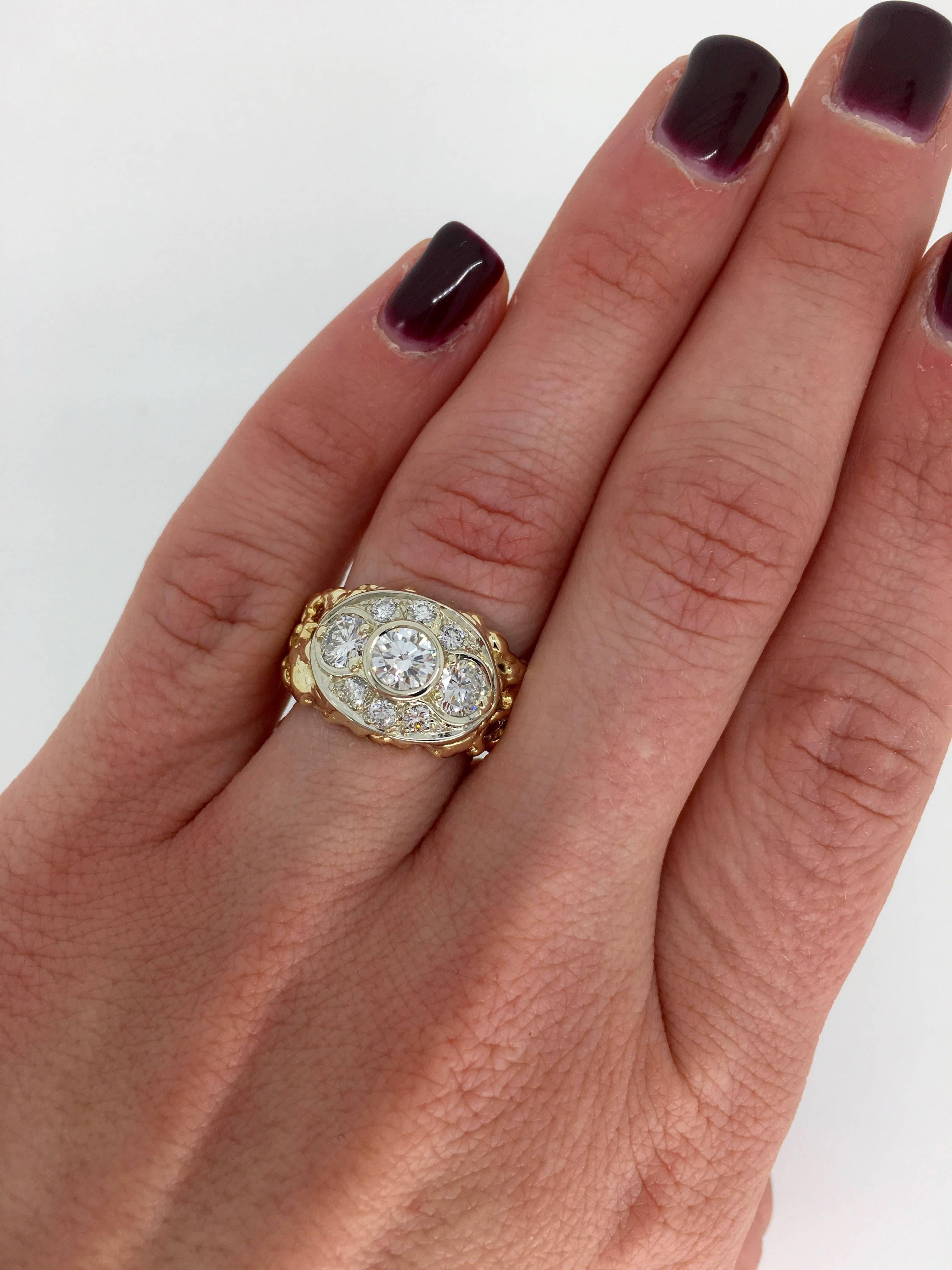 This beautiful ring features an approximately .55CT Round Brilliant Cut Diamond, with an approximately .33CT, and an approximately .32CT Round Brilliant Cut Diamond on either side. The three-featured diamonds display an average color of G-I and