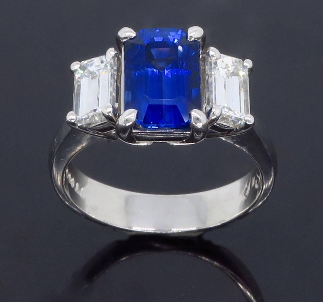 Emerald Cut JB Star Blue Sapphire Diamond Platinum Ring 